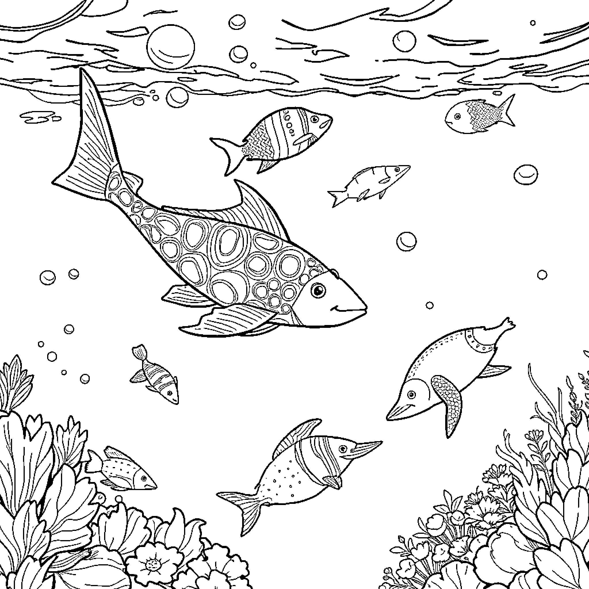 Underwater Creature Swimming Amidst Vibrant Aquatic Life Coloring Page (free black-and-white line drawing printable PDF for all, from beginners to advanced learners, including children, teens, adults, and seniors)
