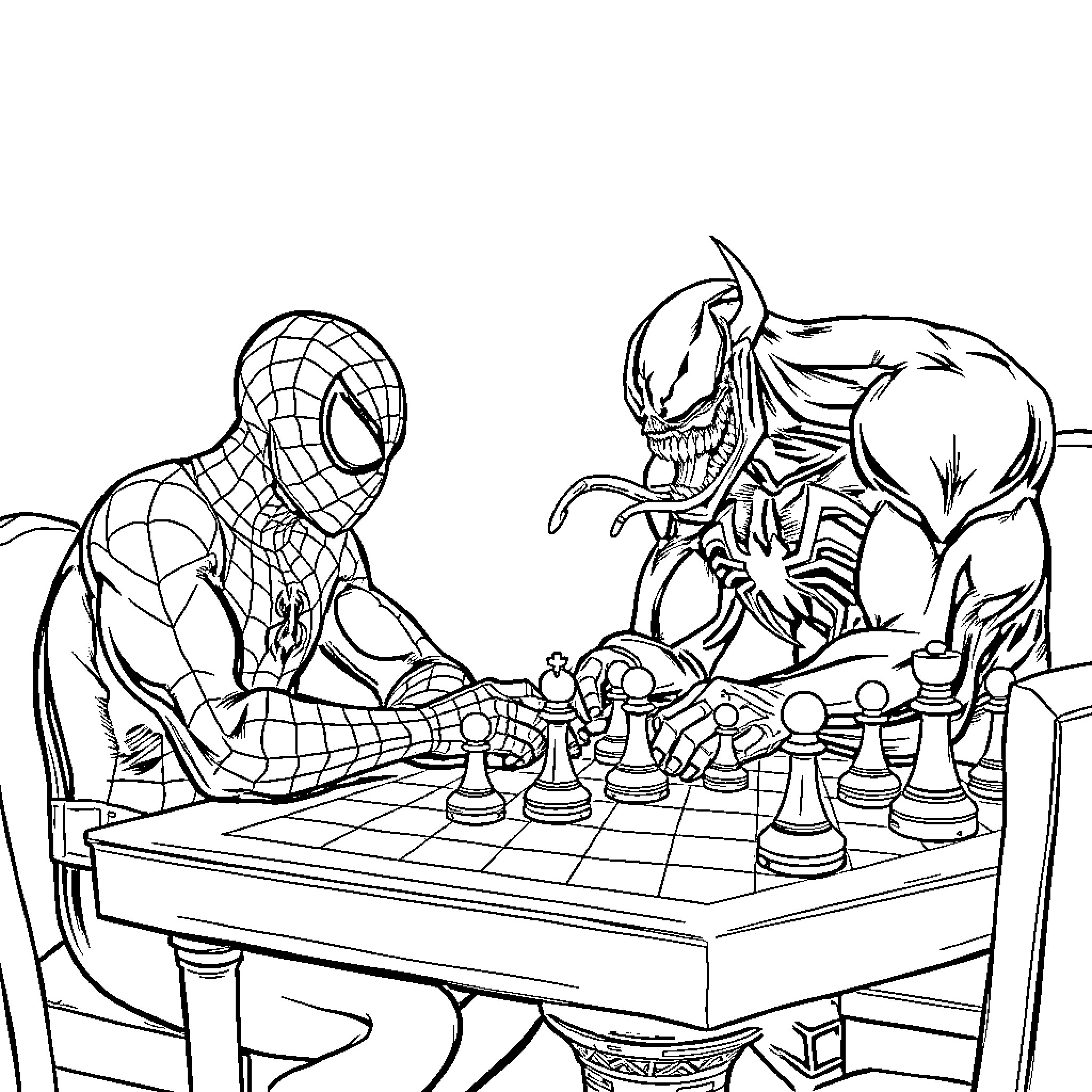Spiderman playing chess with Venom Coloring Page (free black-and-white line drawing printable PDF for all, from beginners to advanced learners, including children, teens, adults, and seniors)