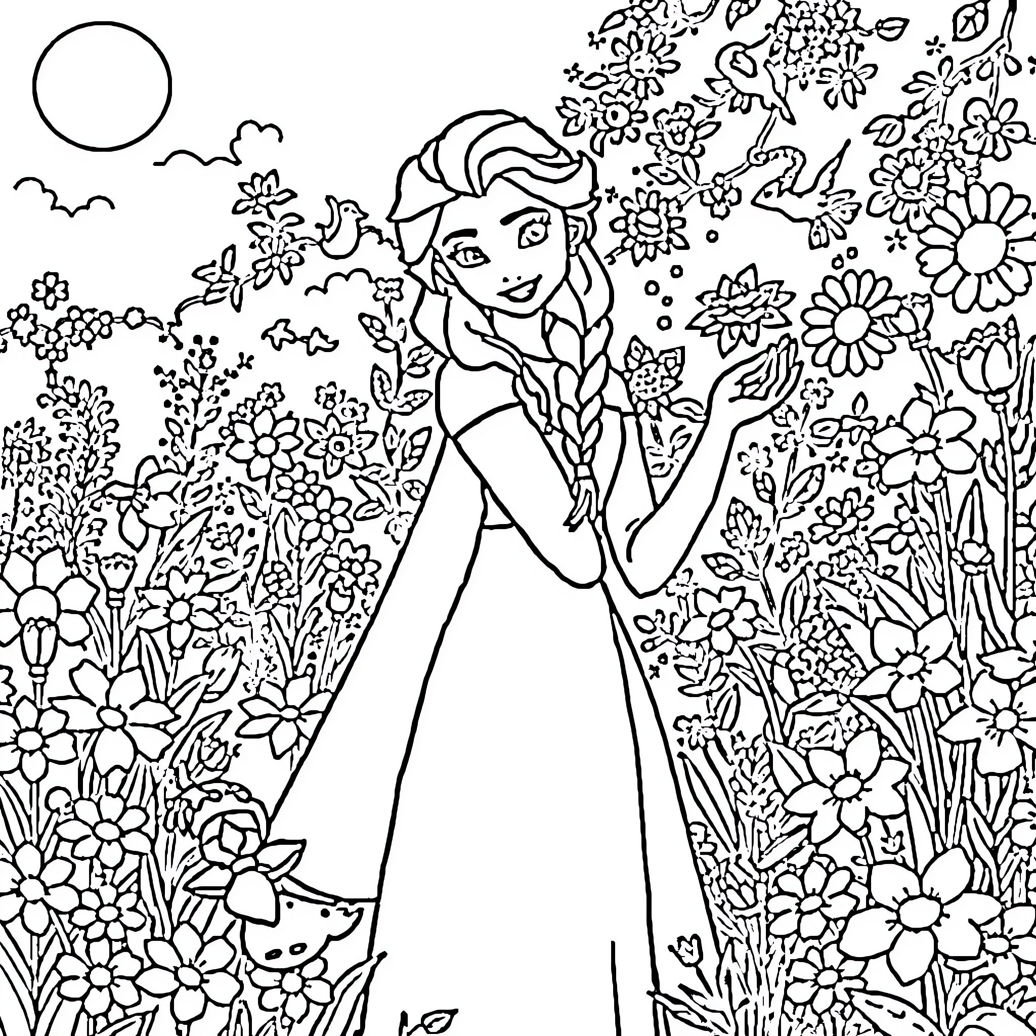 Elsa's Floral Garden Adventure Coloring Page (free black-and-white line drawing printable PDF for all, from beginners to advanced learners, including children, teens, adults, and seniors)