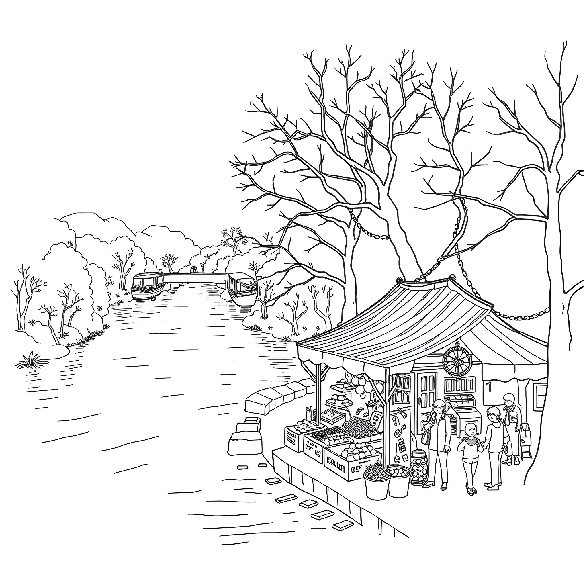 River market scene with bare trees and people Coloring Page (free black-and-white line drawing printable PDF for all, from beginners to advanced learners, including children, teens, adults, and seniors)