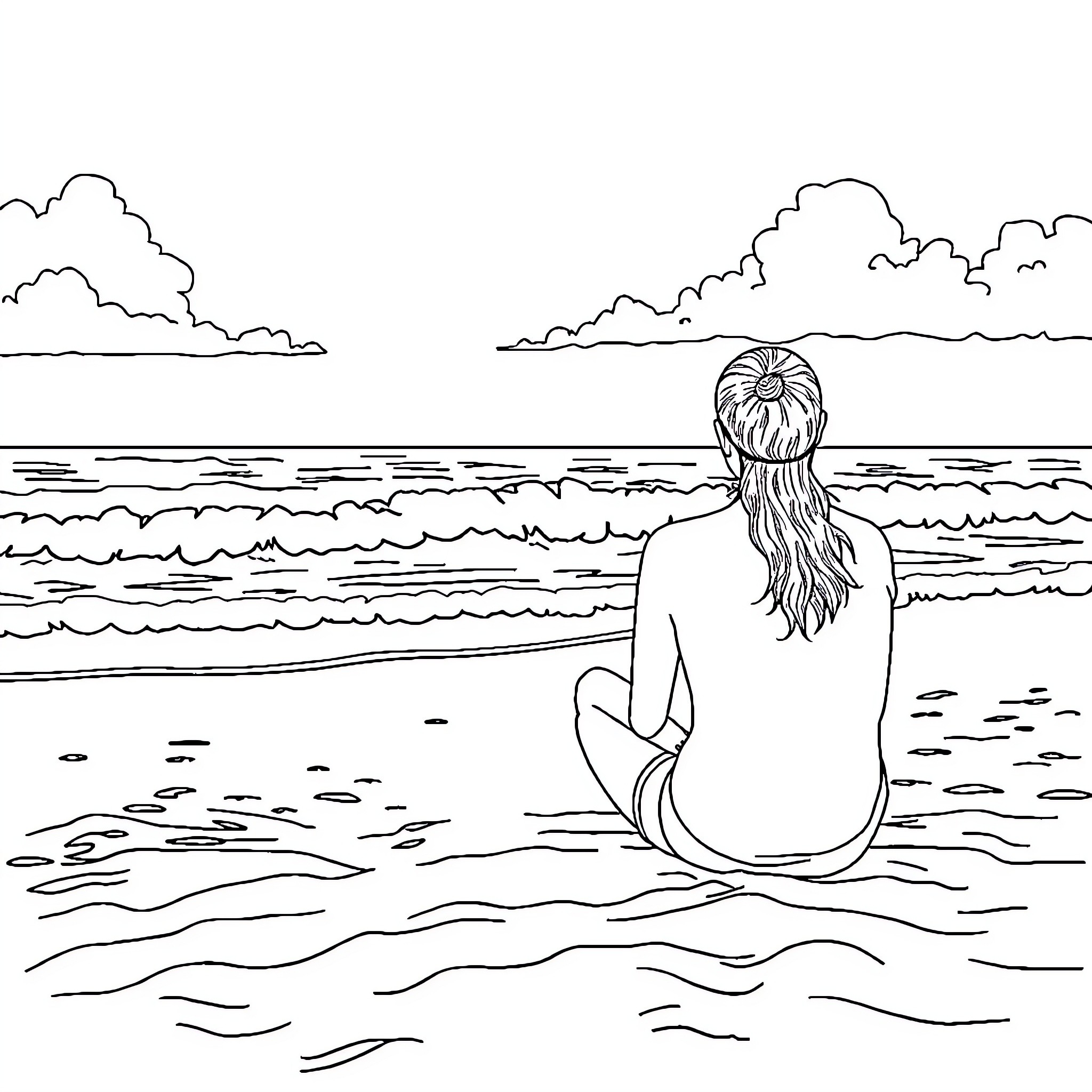 Couple enjoying peaceful beach scenery Coloring Page (free black-and-white line drawing printable PDF for all, from beginners to advanced learners, including children, teens, adults, and seniors)