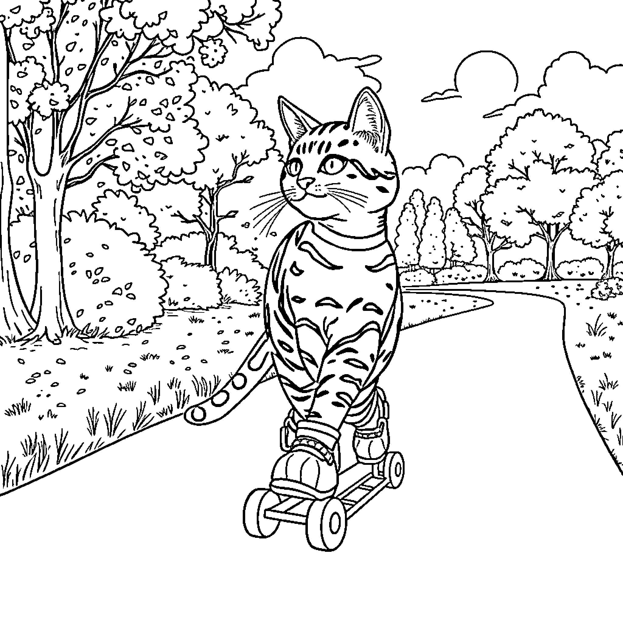 Bengal Cat Playing on Roller Skates in the Forest Coloring Page (free black-and-white line drawing printable PDF for all, from beginners to advanced learners, including children, teens, adults, and seniors)