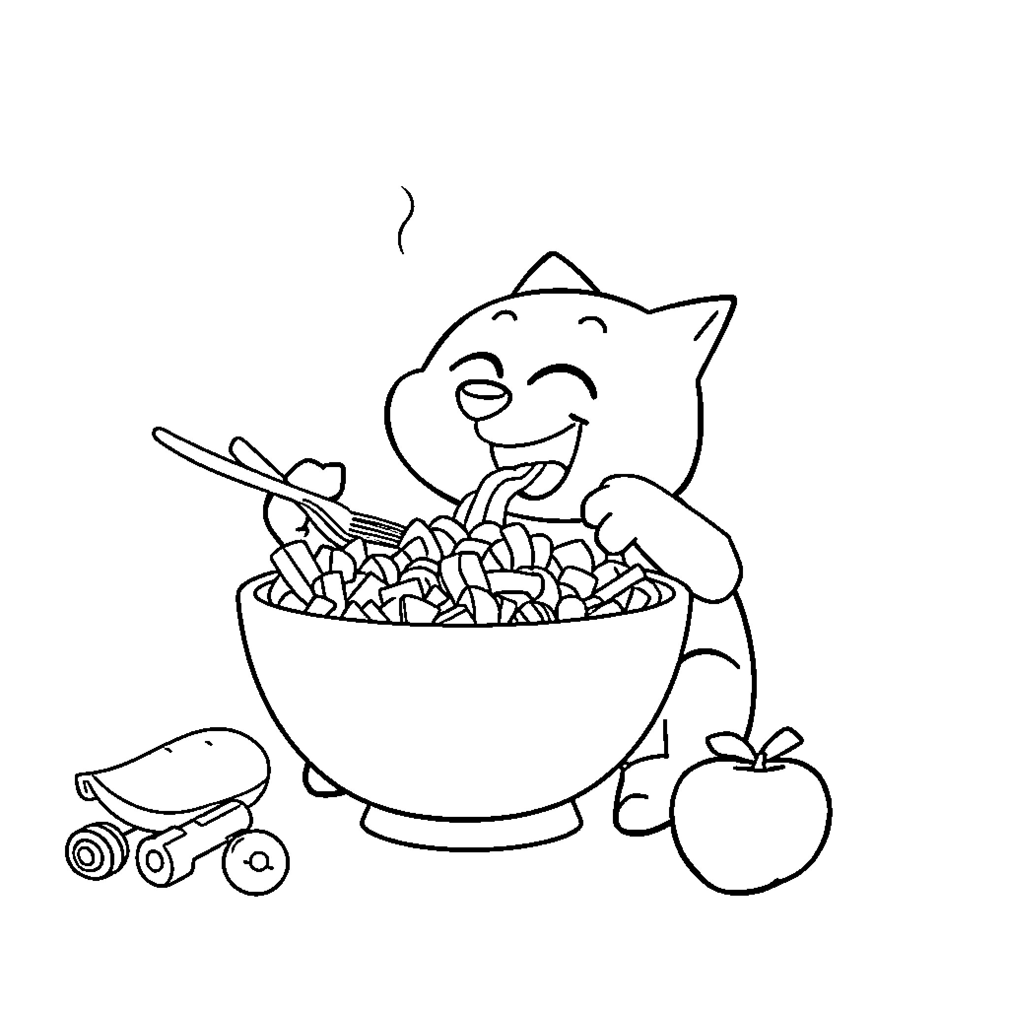 Bluey enjoying a tasty meal with toys Coloring Page (free black-and-white line drawing printable PDF for all, from beginners to advanced learners, including children, teens, adults, and seniors)