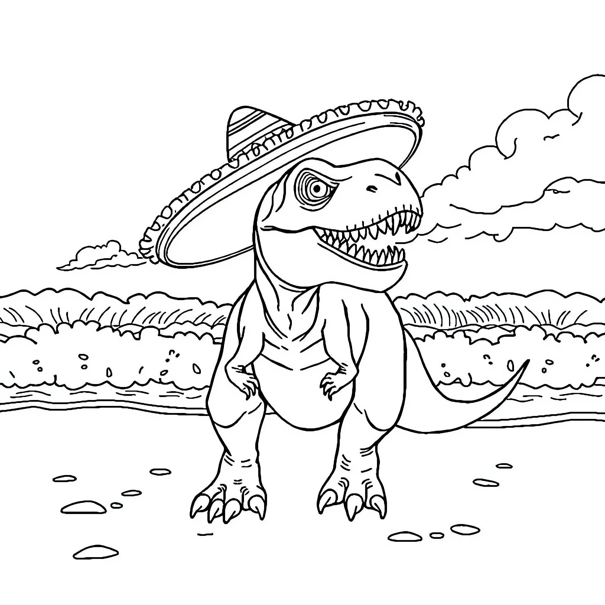 T-Rex stomping through the desert landscape Coloring Page (free black-and-white line drawing printable PDF for all, from beginners to advanced learners, including children, teens, adults, and seniors)