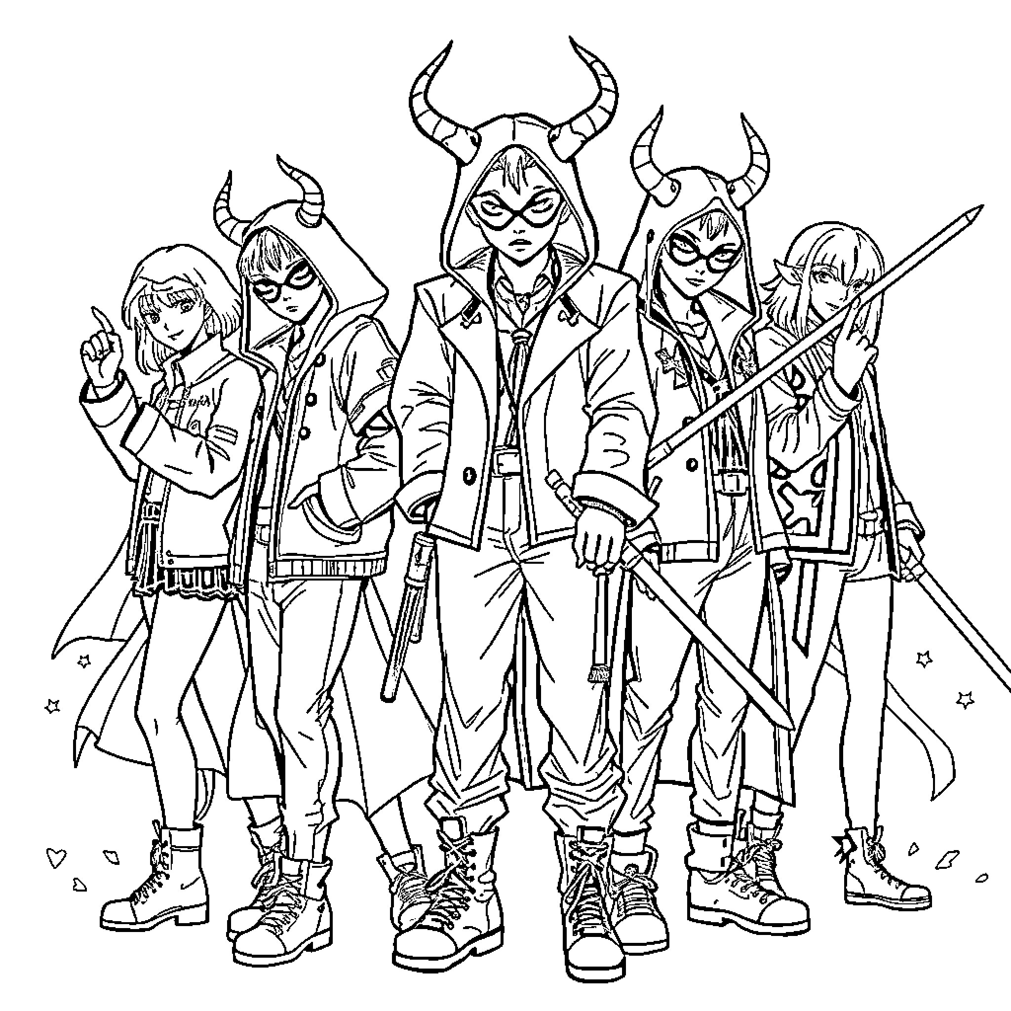 Demon Hunters in Uniform Stand Ready for Action Coloring Page (free black-and-white line drawing printable PDF for all, from beginners to advanced learners, including children, teens, adults, and seniors)