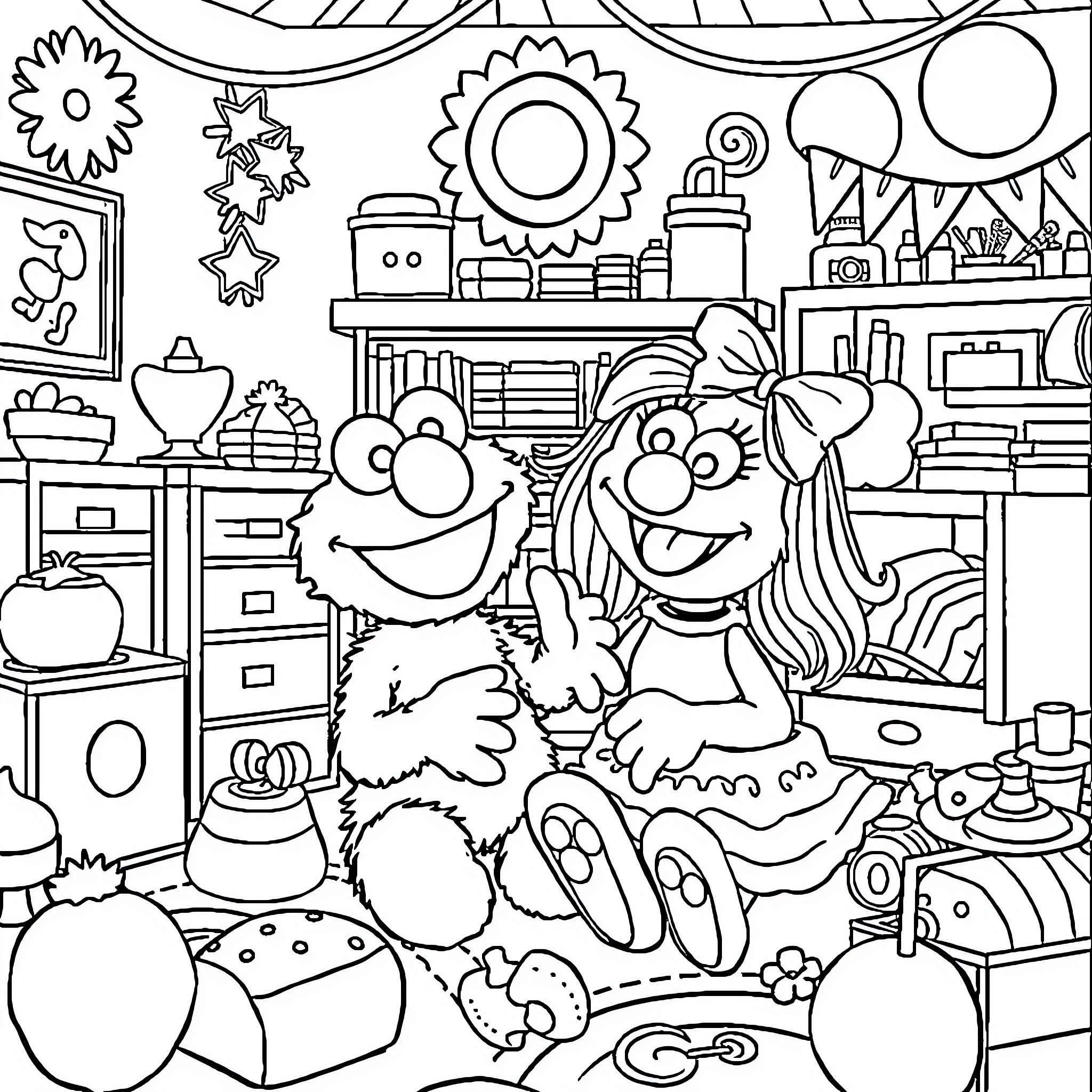 Elmo and His Friends Exploring a Colorful Playroom Coloring Page (free black-and-white line drawing printable PDF for all, from beginners to advanced learners, including children, teens, adults, and seniors)
