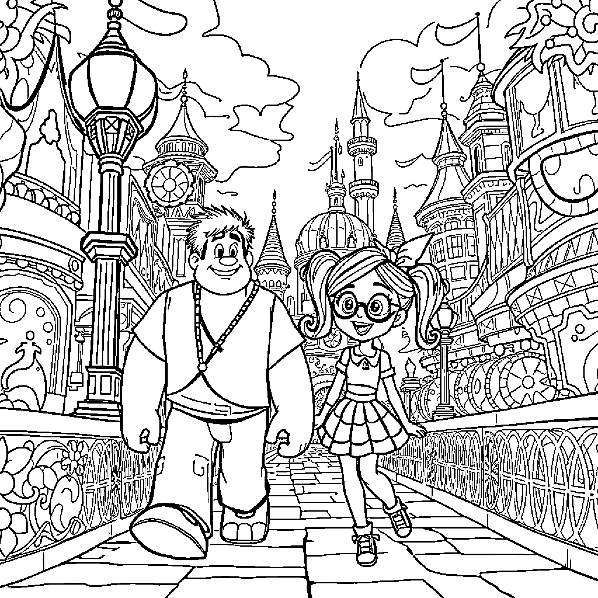 Ralph's Magical Adventure in a Whimsical Fantasy World Coloring Page (free black-and-white line drawing printable PDF for all, from beginners to advanced learners, including children, teens, adults, and seniors)