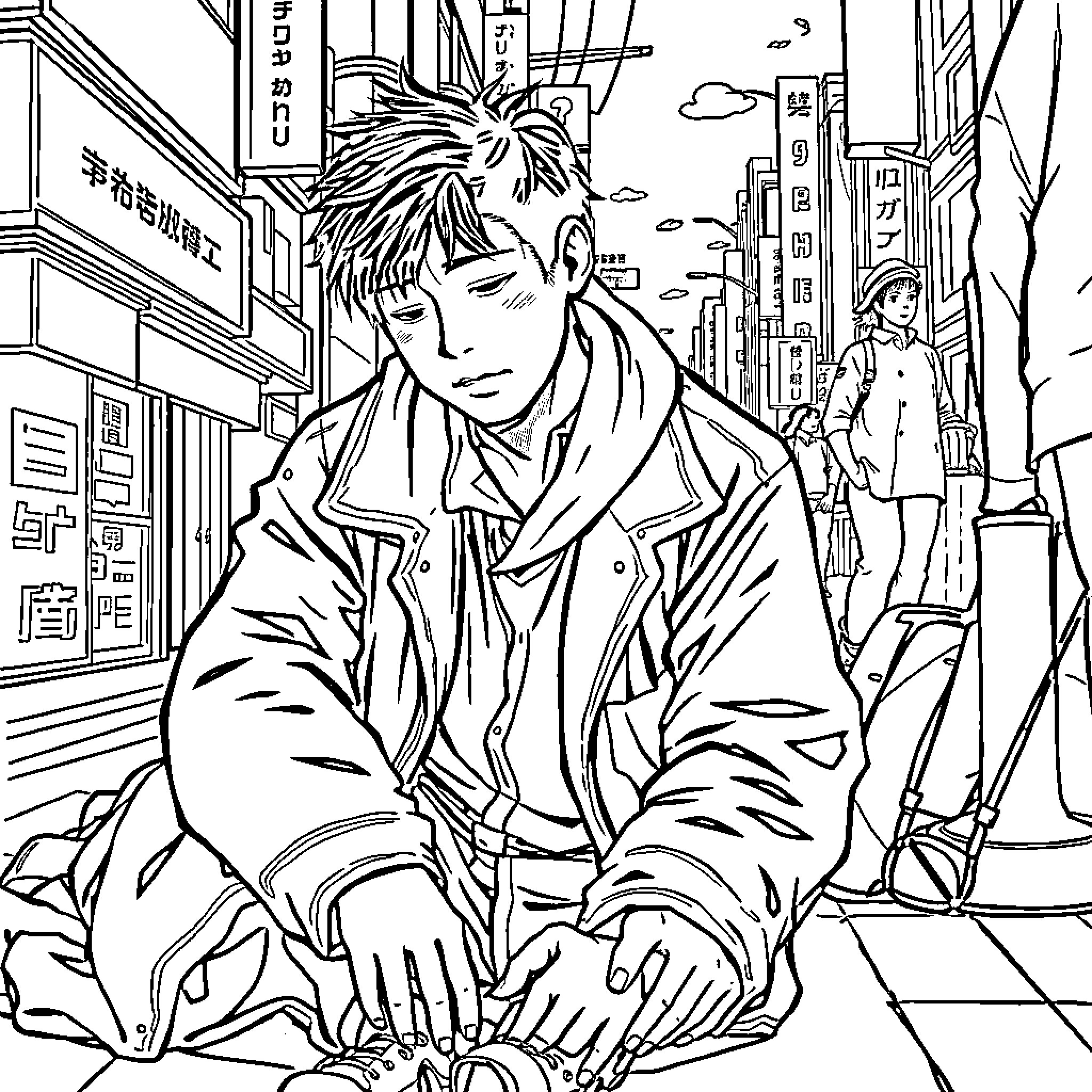 Shohei Ohtani in contemplative mood on city street Coloring Page (free black-and-white line drawing printable PDF for all, from beginners to advanced learners, including children, teens, adults, and seniors)