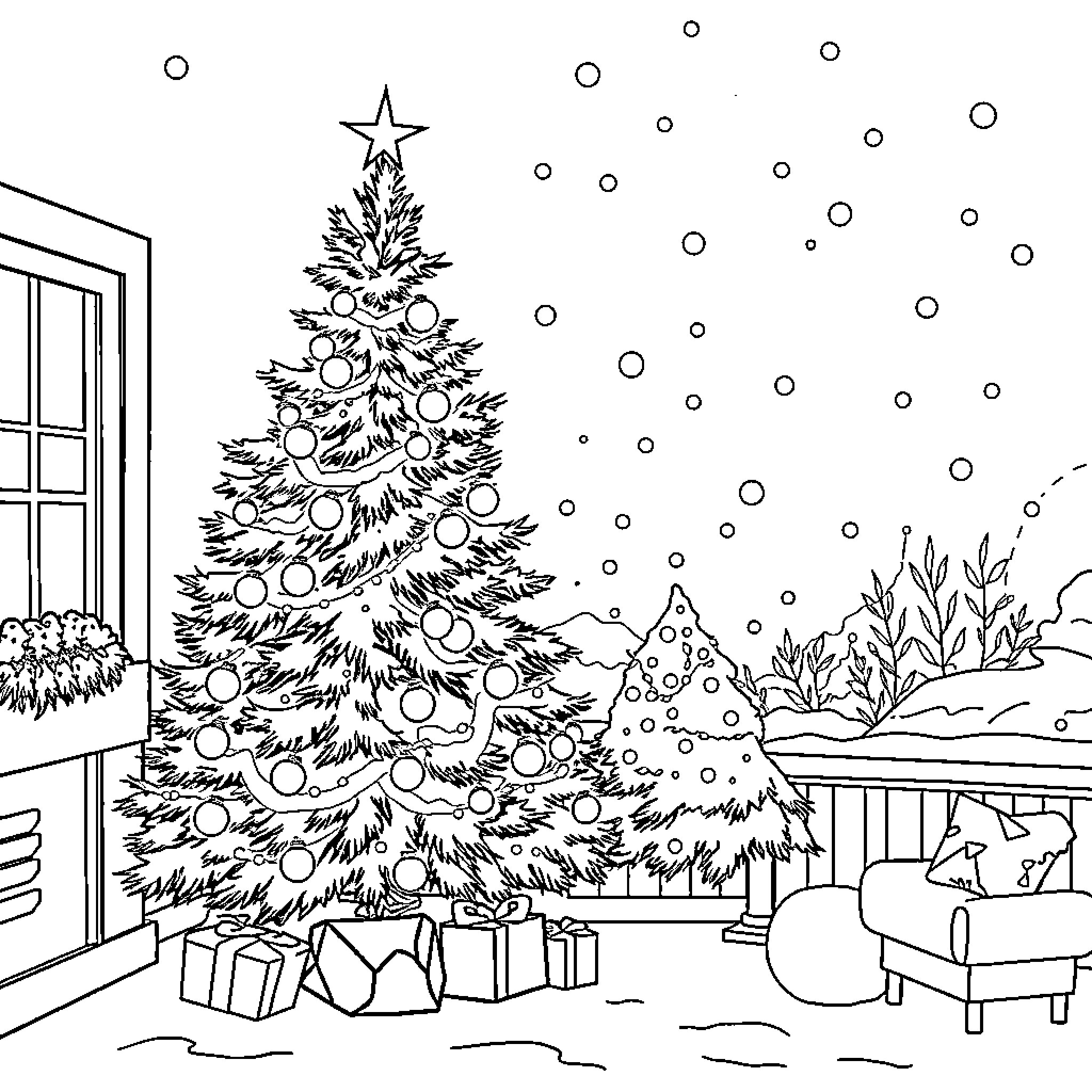 Christmas scene with decorated tree and presents Coloring Page (free black-and-white line drawing printable PDF for all, from beginners to advanced learners, including children, teens, adults, and seniors)