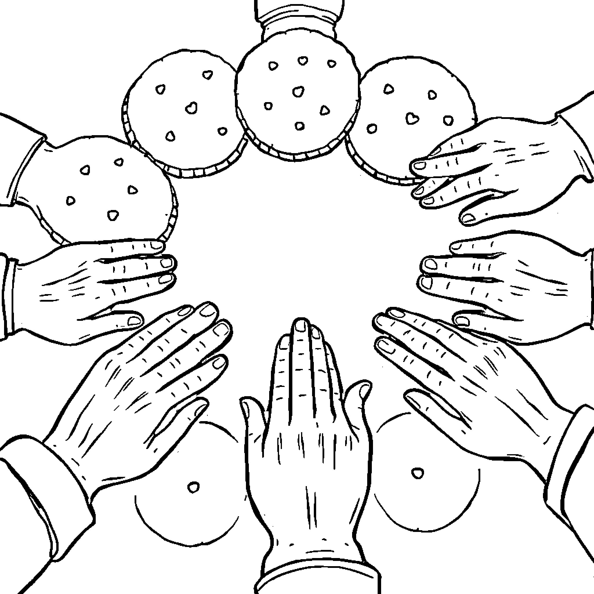 Biscuit hands coming together in unity Coloring Page (free black-and-white line drawing printable PDF for all, from beginners to advanced learners, including children, teens, adults, and seniors)