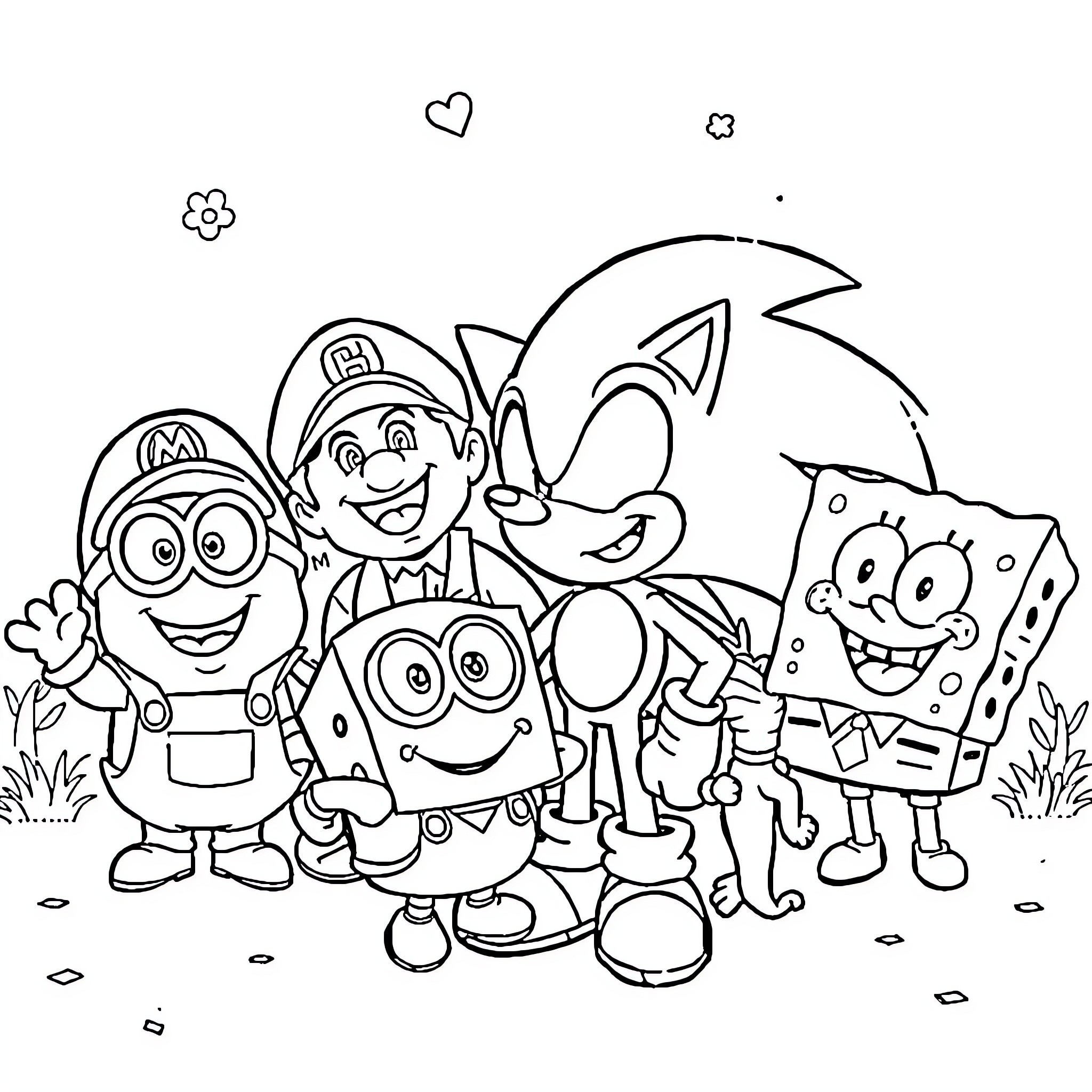 Minions enjoying playful adventures together Coloring Page (free black-and-white line drawing printable PDF for all, from beginners to advanced learners, including children, teens, adults, and seniors)