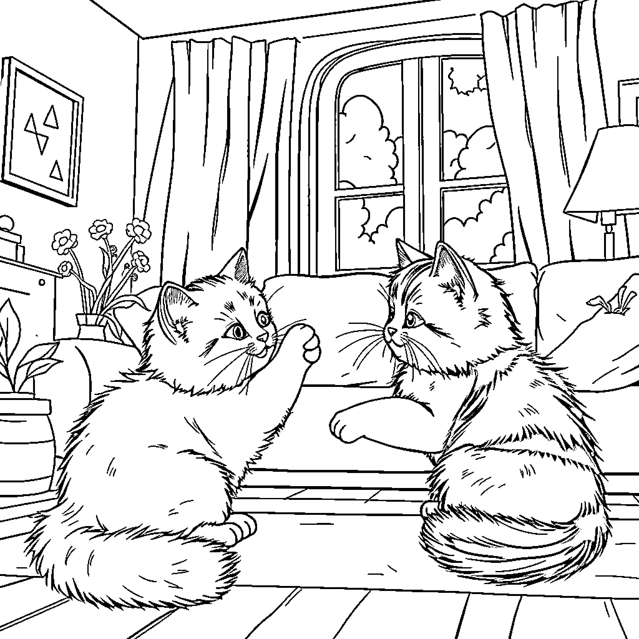 Cat companions relax in cozy living room Coloring Page (free black-and-white line drawing printable PDF for all, from beginners to advanced learners, including children, teens, adults, and seniors)
