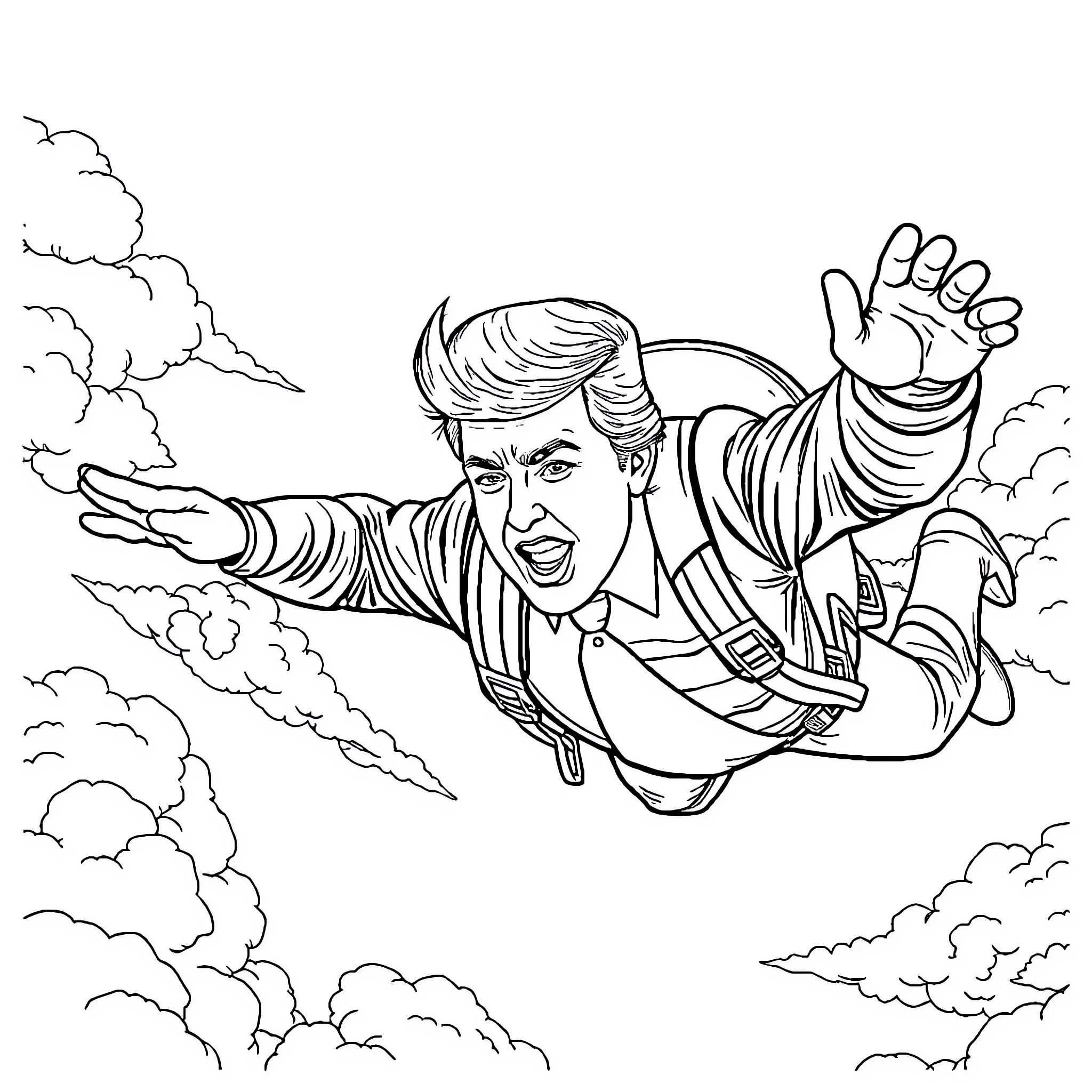 Donald Trump soaring through the skies with determined expression Coloring Page (free black-and-white line drawing printable PDF for all, from beginners to advanced learners, including children, teens, adults, and seniors)