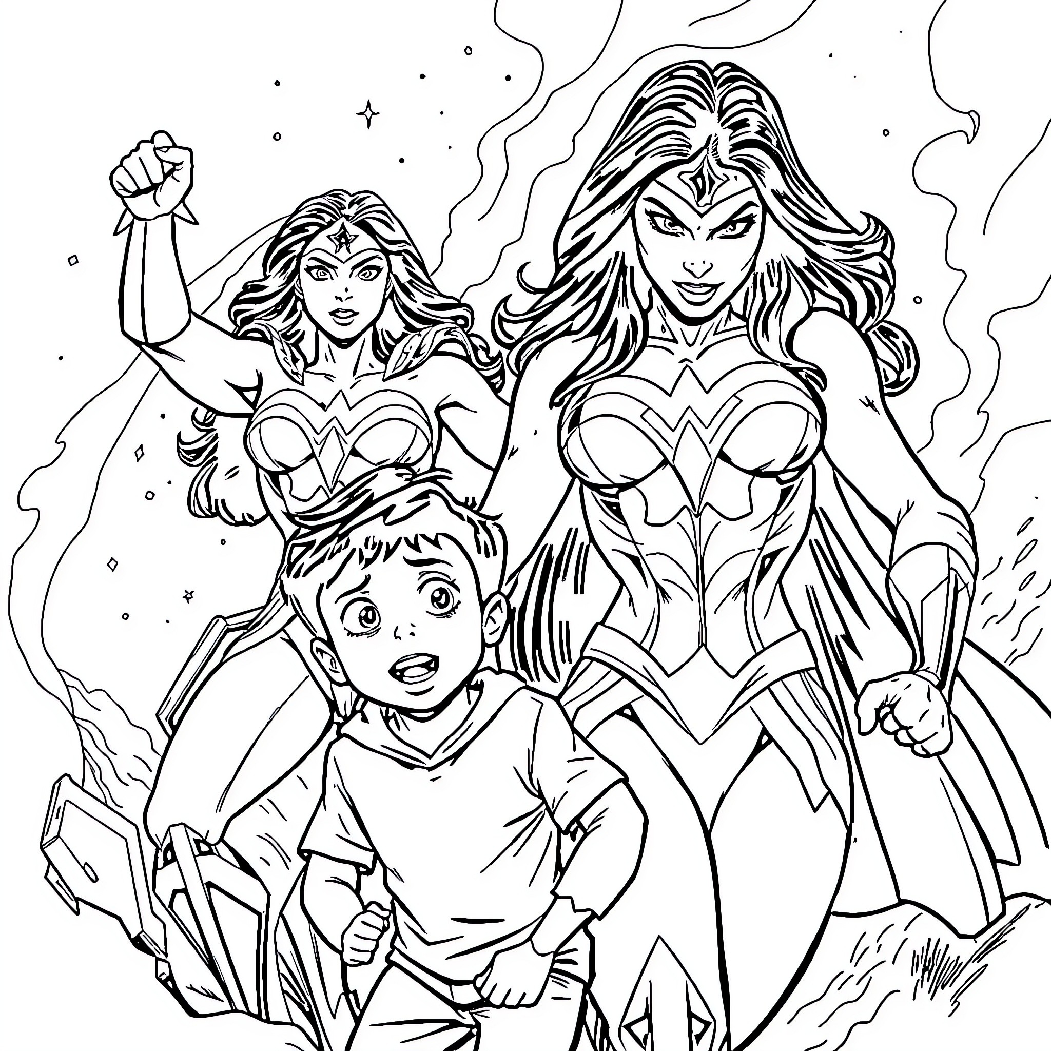 Wonder Woman defending a young person with empowered pose Coloring Page (free black-and-white line drawing printable PDF for all, from beginners to advanced learners, including children, teens, adults, and seniors)