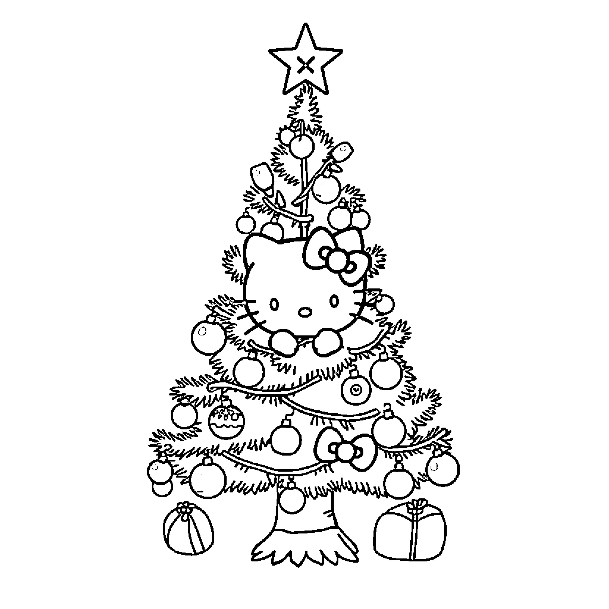 Christmas Tree with Adorable Characters Coloring Page (free black-and-white line drawing printable PDF for all, from beginners to advanced learners, including children, teens, adults, and seniors)
