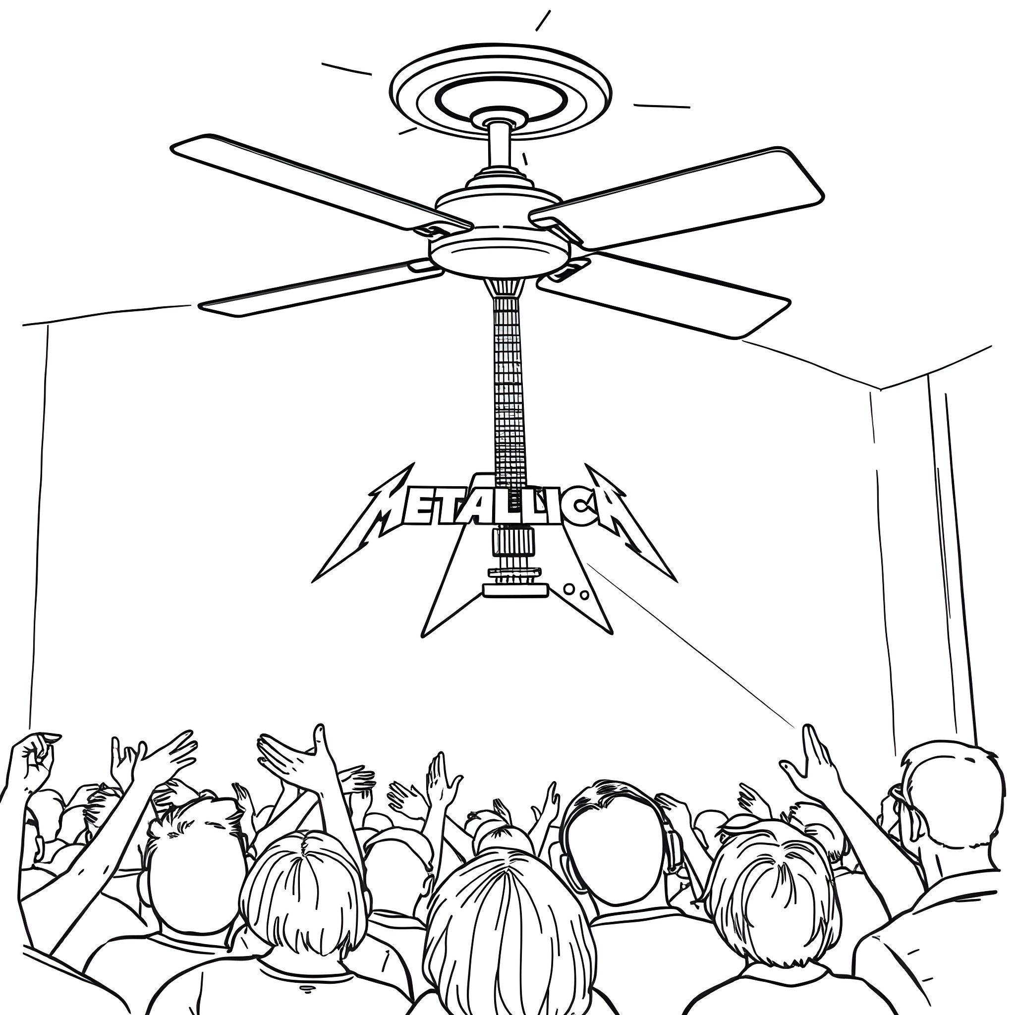 Guitar Fans Cheering at Metallica Concert Coloring Page (free black-and-white line drawing printable PDF for all, from beginners to advanced learners, including children, teens, adults, and seniors)
