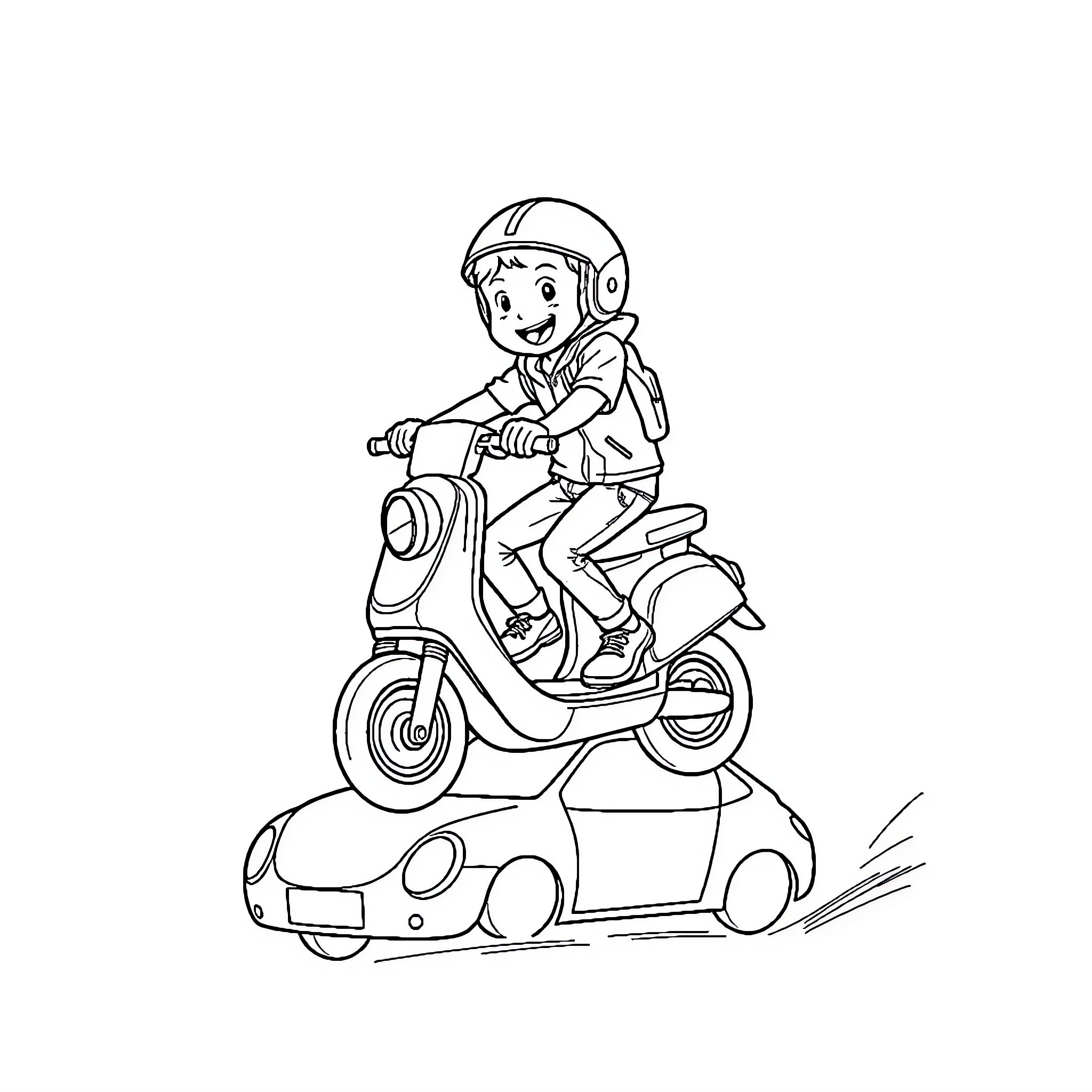 Boy riding scooter and playing on toy car Coloring Page (free black-and-white line drawing printable PDF for all, from beginners to advanced learners, including children, teens, adults, and seniors)
