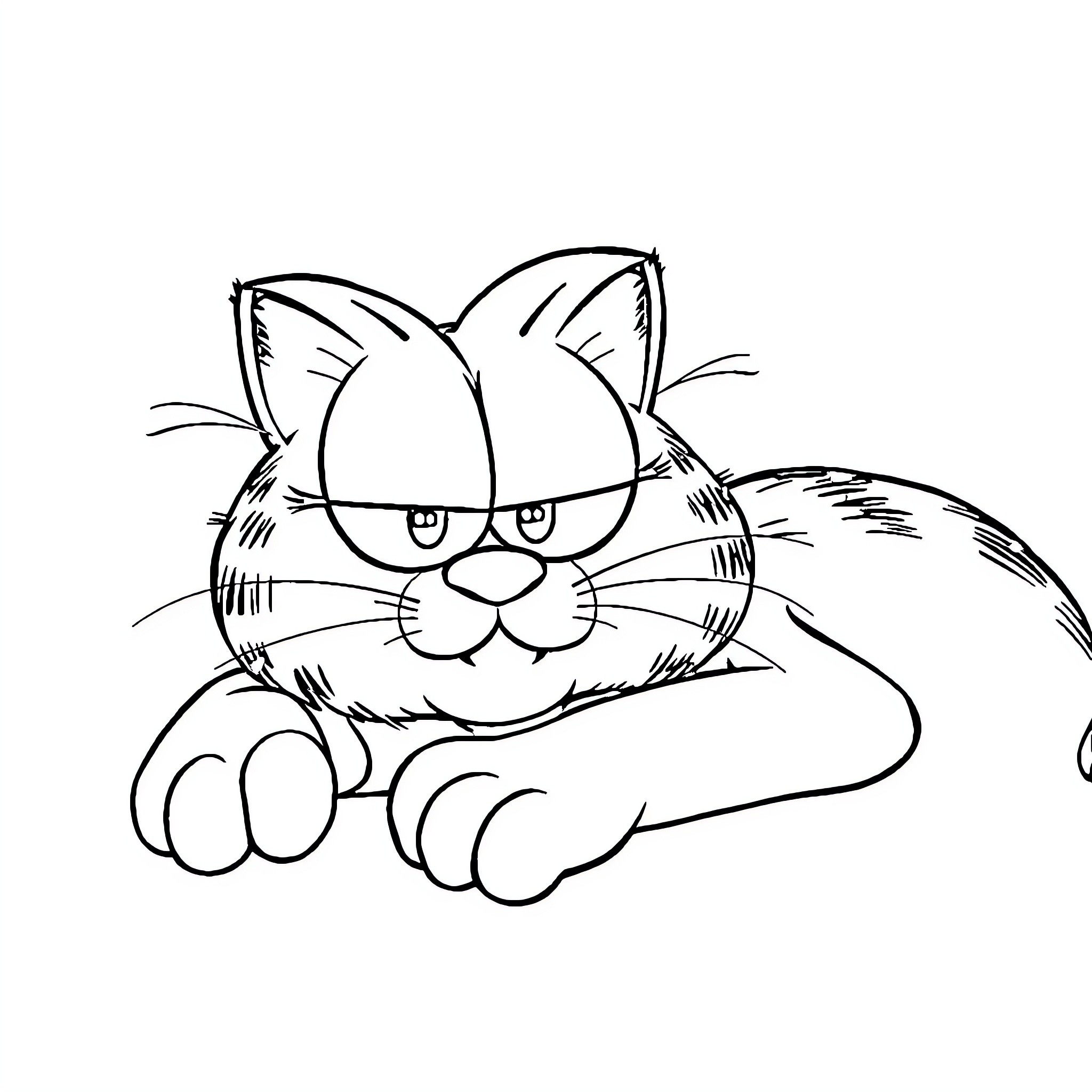 Garfield the Grumpy Cat Lounging Lazily Coloring Page (free black-and-white line drawing printable PDF for all, from beginners to advanced learners, including children, teens, adults, and seniors)