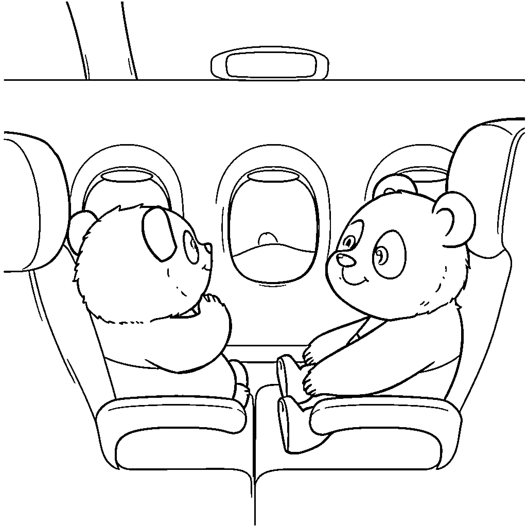Panda bears sitting together on airplane seats Coloring Page (free black-and-white line drawing printable PDF for all, from beginners to advanced learners, including children, teens, adults, and seniors)