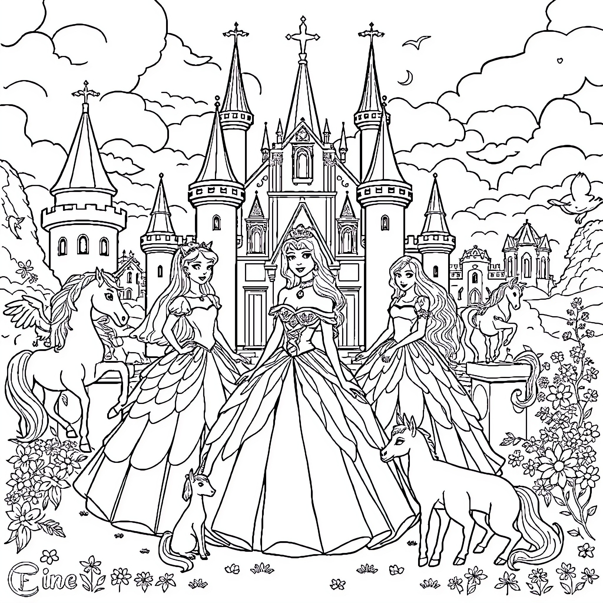 Princess and Her Royal Castle Companions Coloring Page (free black-and-white line drawing printable PDF for all, from beginners to advanced learners, including children, teens, adults, and seniors)