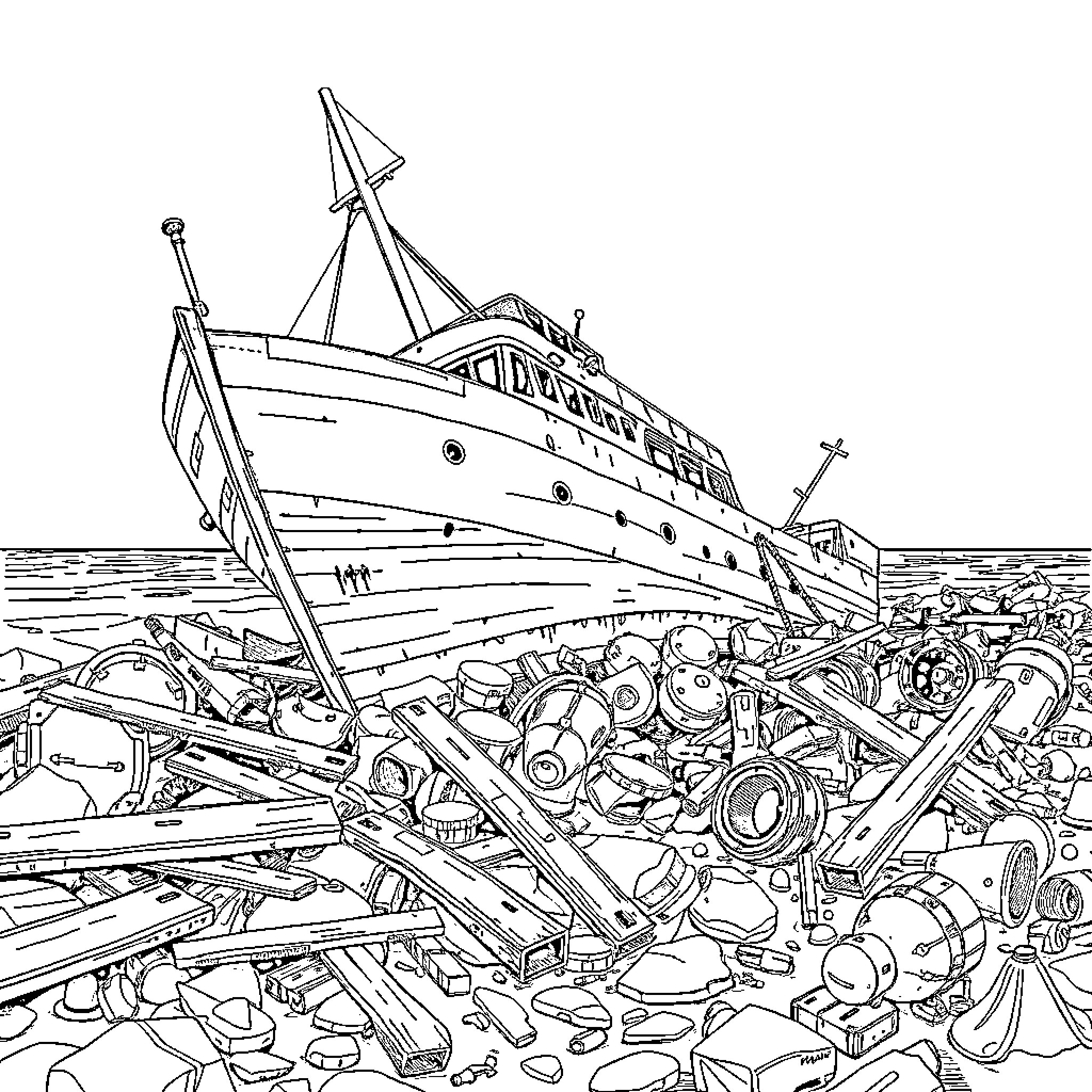 Ship wreckage on the shore Coloring Page (free black-and-white line drawing printable PDF for all, from beginners to advanced learners, including children, teens, adults, and seniors)