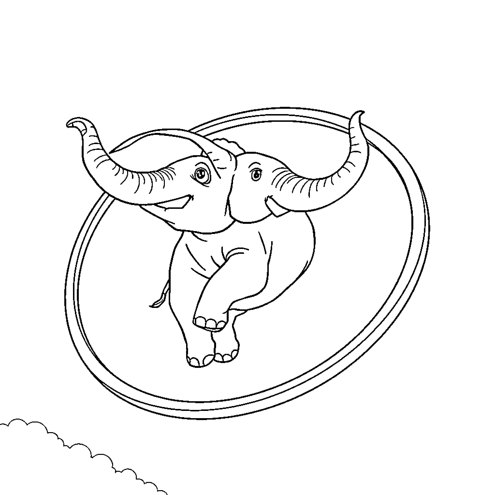 Flying Elephant Circus Acrobatics Coloring Page (free black-and-white line drawing printable PDF for all, from beginners to advanced learners, including children, teens, adults, and seniors)