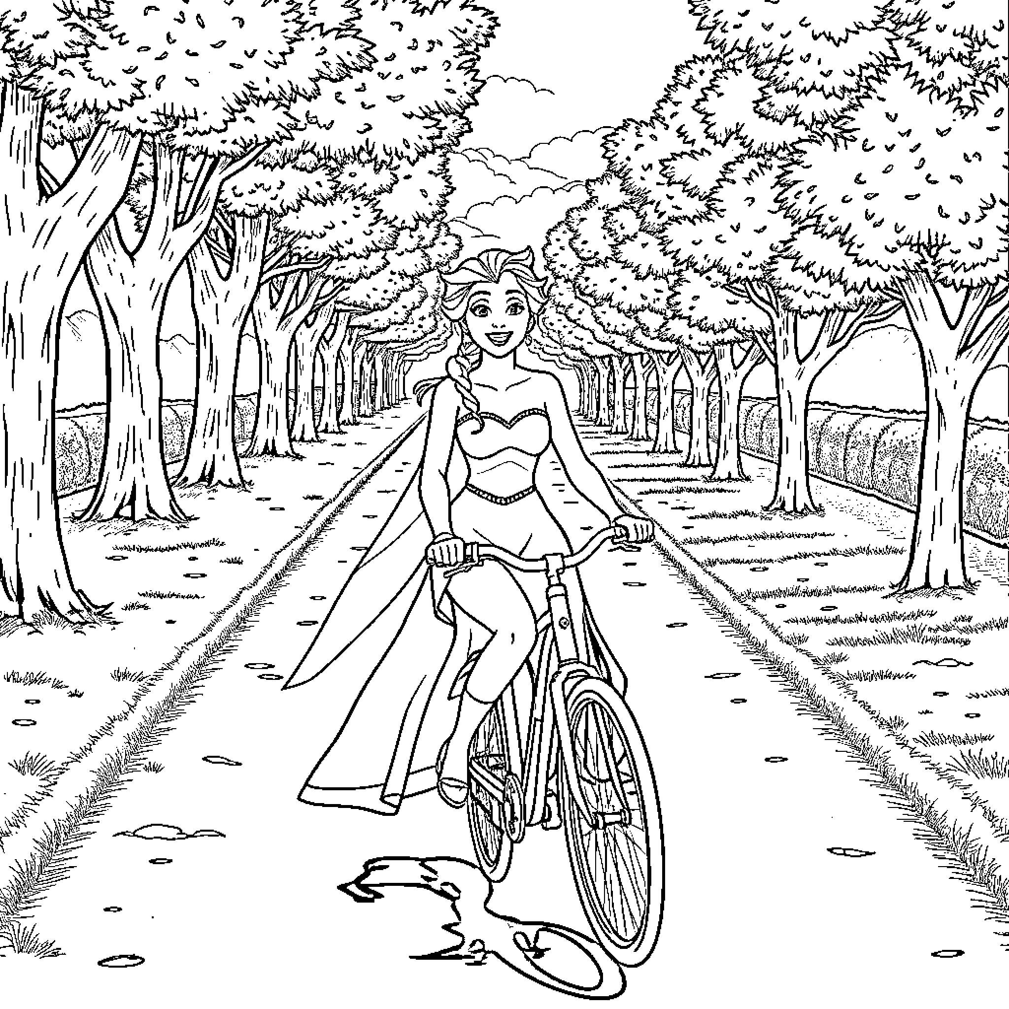 Elsa's peaceful bike ride through the enchanted forest Coloring Page (free black-and-white line drawing printable PDF for all, from beginners to advanced learners, including children, teens, adults, and seniors)
