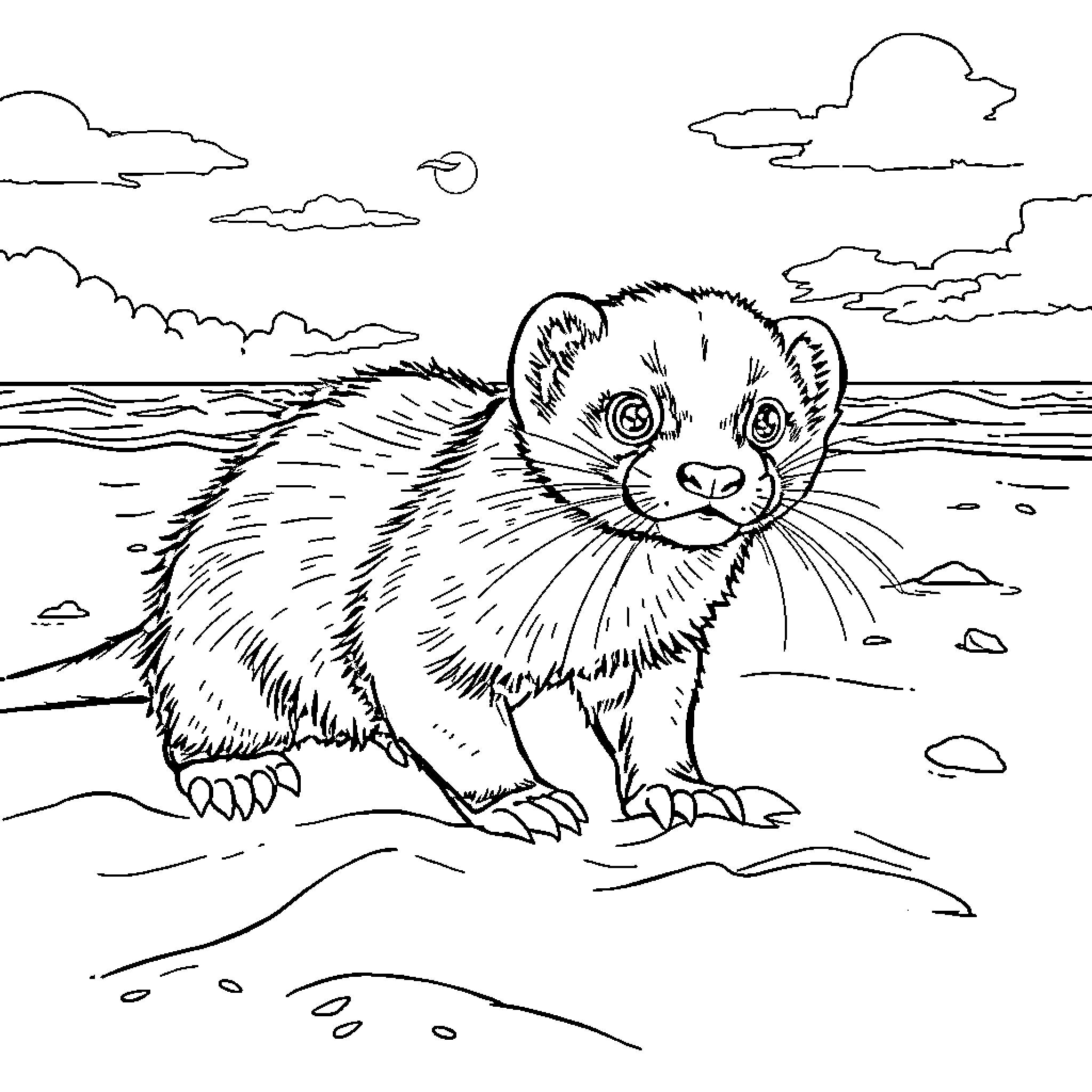 Ferret exploring the beach on a moonlit night Coloring Page (free black-and-white line drawing printable PDF for all, from beginners to advanced learners, including children, teens, adults, and seniors)