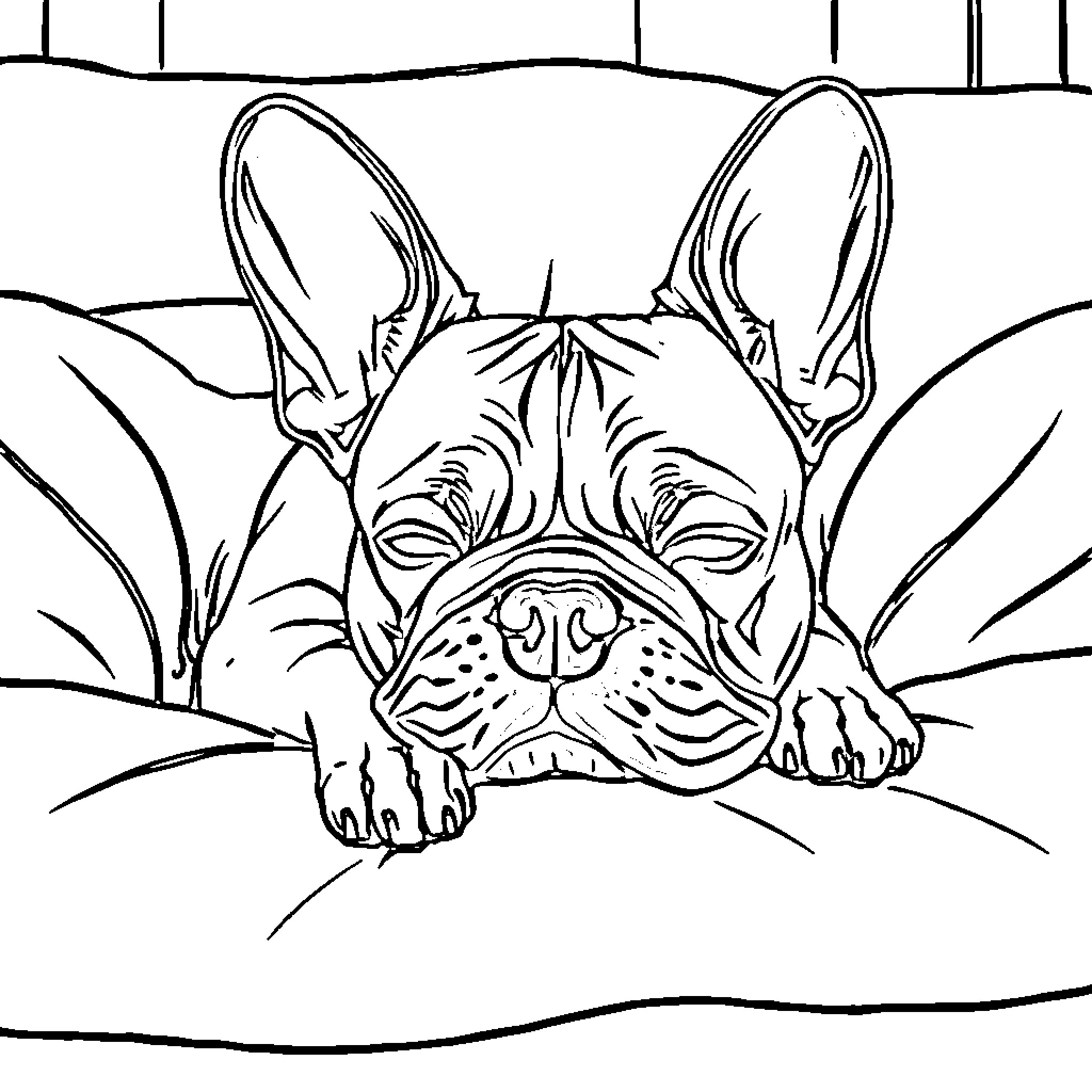 Frenchie resting peacefully on a cozy surface Coloring Page (free black-and-white line drawing printable PDF for all, from beginners to advanced learners, including children, teens, adults, and seniors)