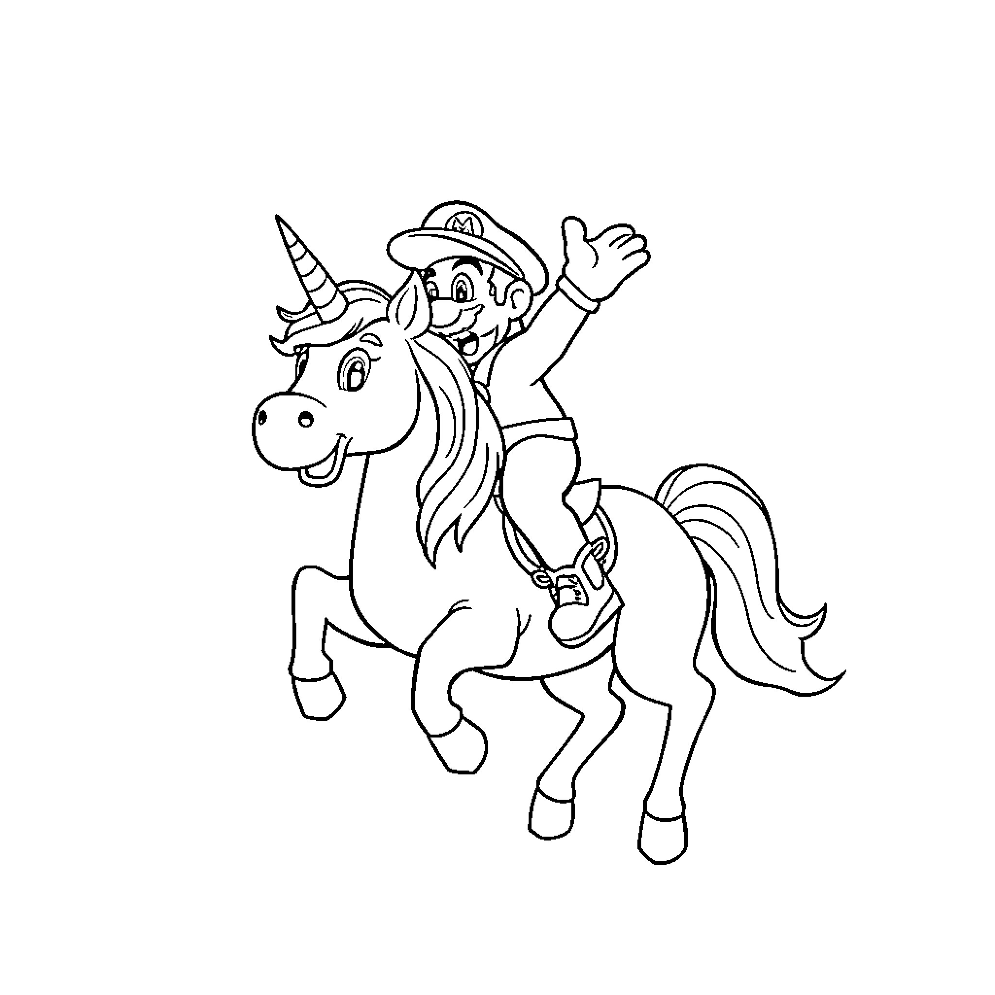 Mario Riding a Unicorn with Excitement Coloring Page (free black-and-white line drawing printable PDF for all, from beginners to advanced learners, including children, teens, adults, and seniors)