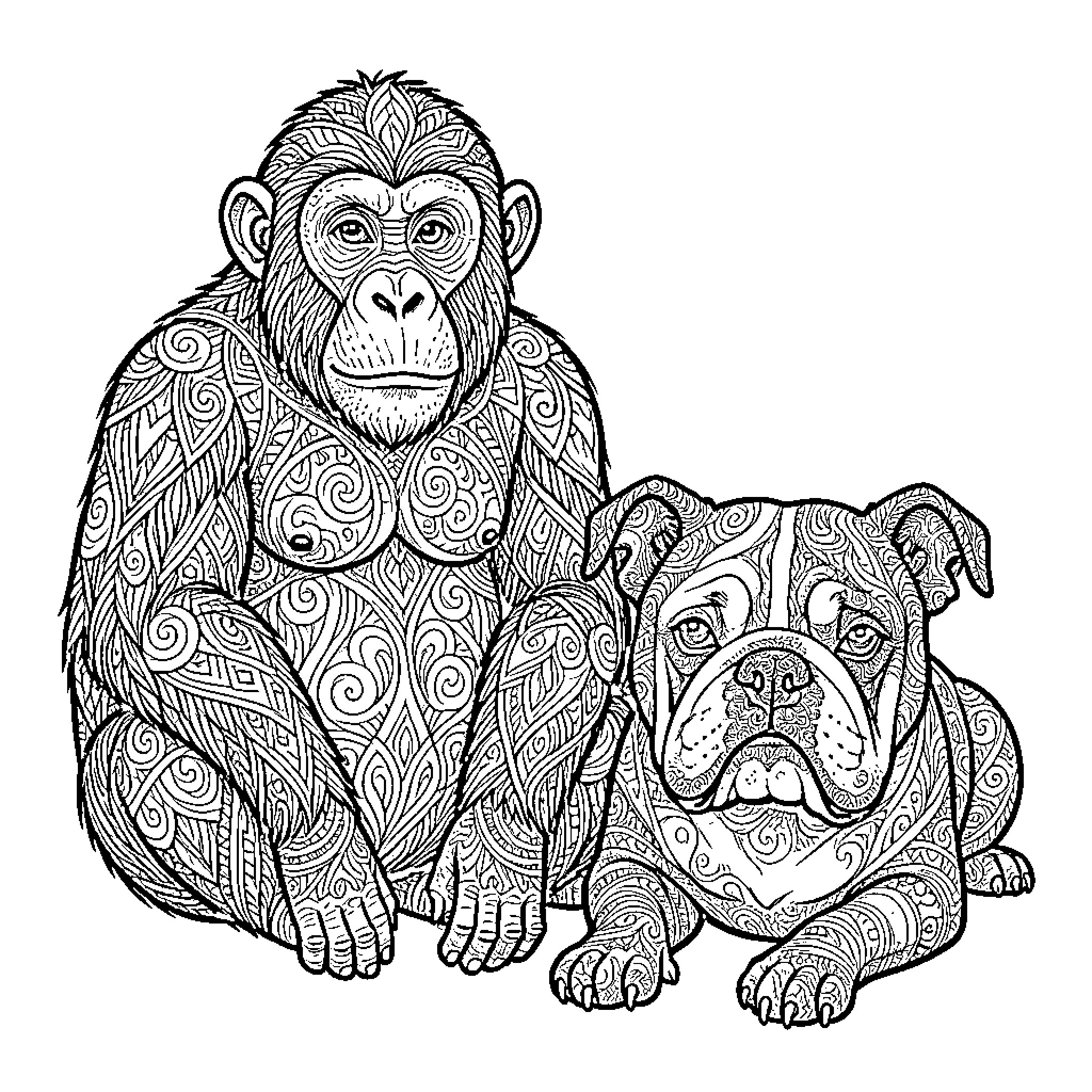 Chimpanzee sitting calmly next to a bulldog Coloring Page (free black-and-white line drawing printable PDF for all, from beginners to advanced learners, including children, teens, adults, and seniors)