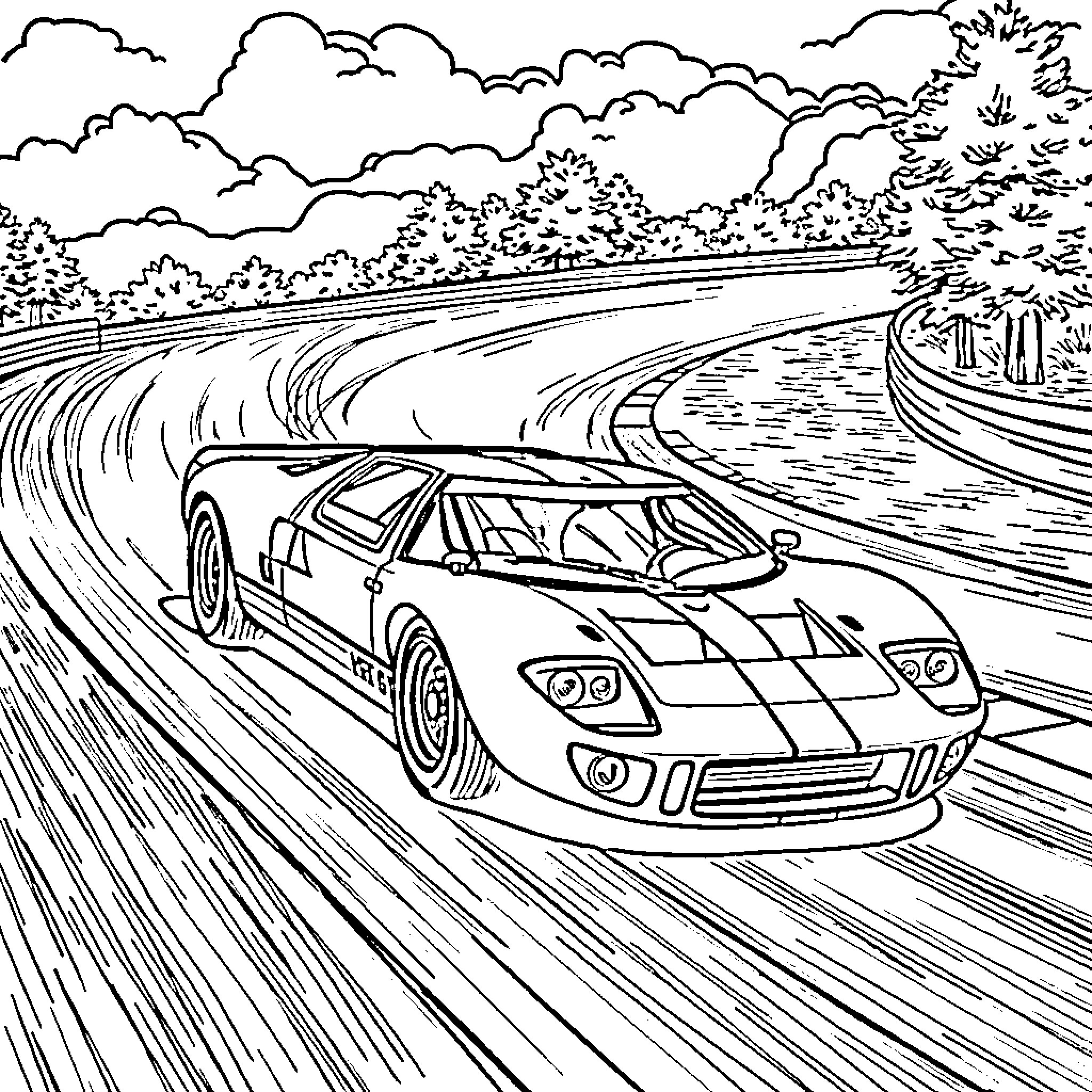 Ford GT40 racing on winding road through countryside Coloring Page (free black-and-white line drawing printable PDF for all, from beginners to advanced learners, including children, teens, adults, and seniors)