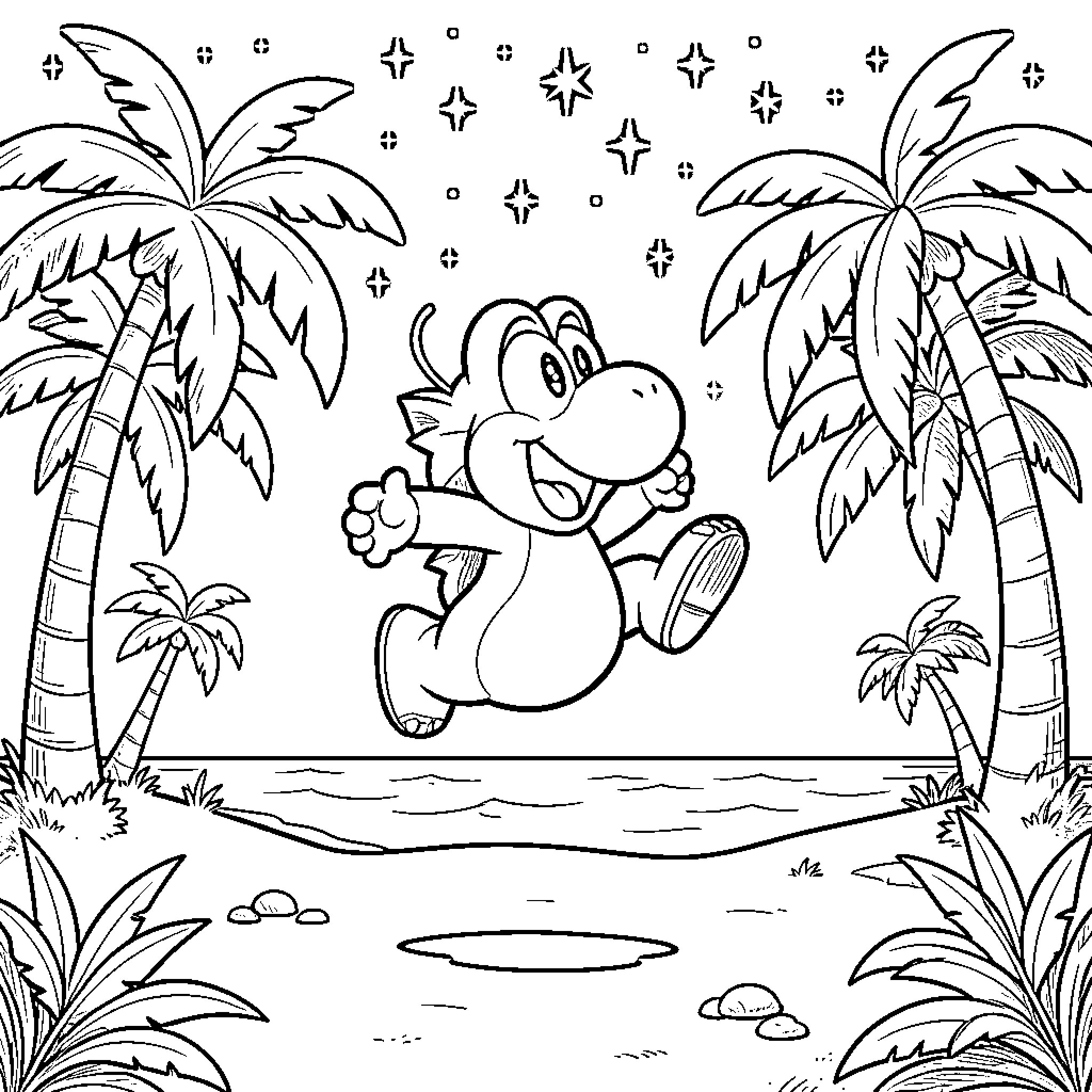 Yoshi jumping joyfully on a tropical beach Coloring Page (free black-and-white line drawing printable PDF for all, from beginners to advanced learners, including children, teens, adults, and seniors)