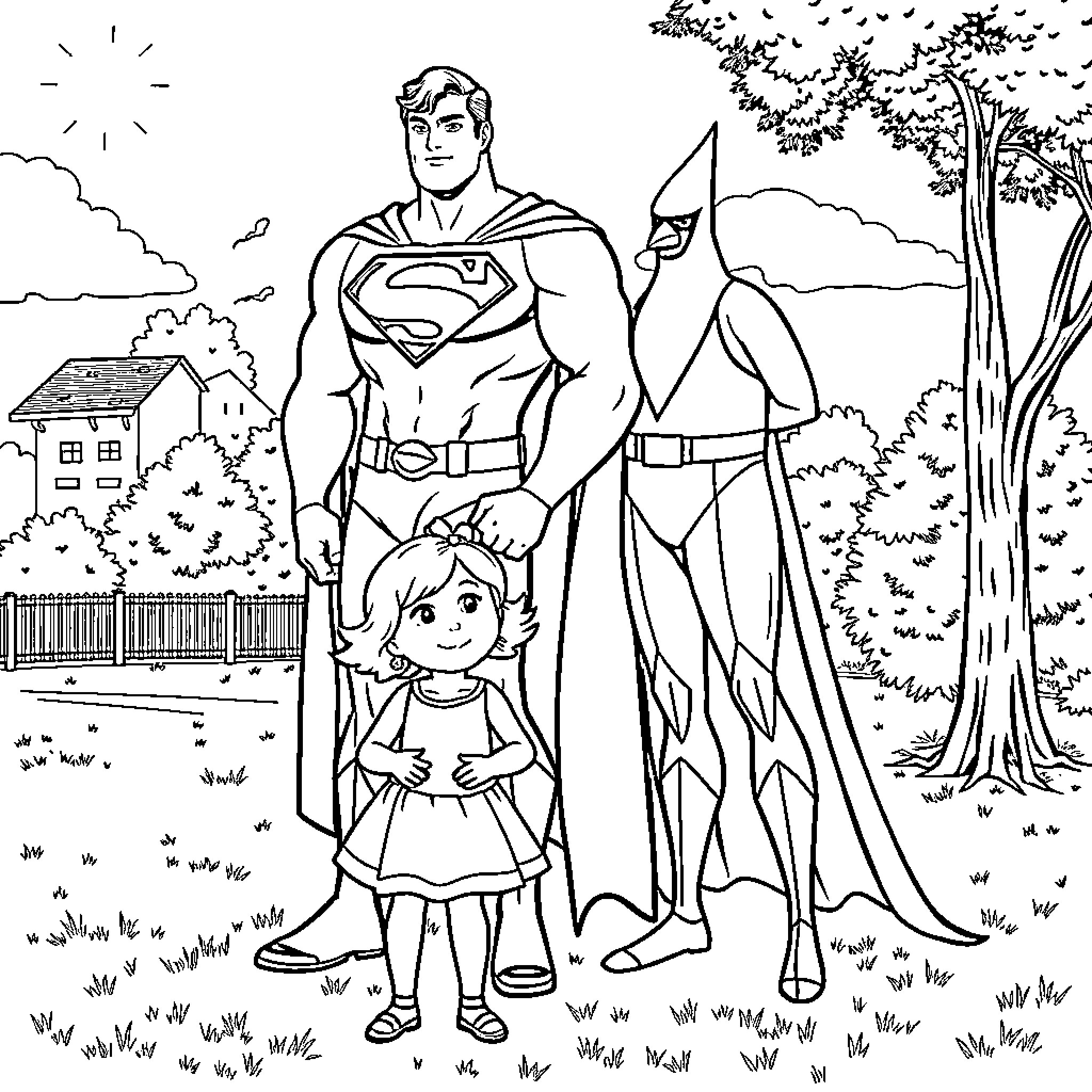 Superman protects young girl in a natural setting Coloring Page (free black-and-white line drawing printable PDF for all, from beginners to advanced learners, including children, teens, adults, and seniors)