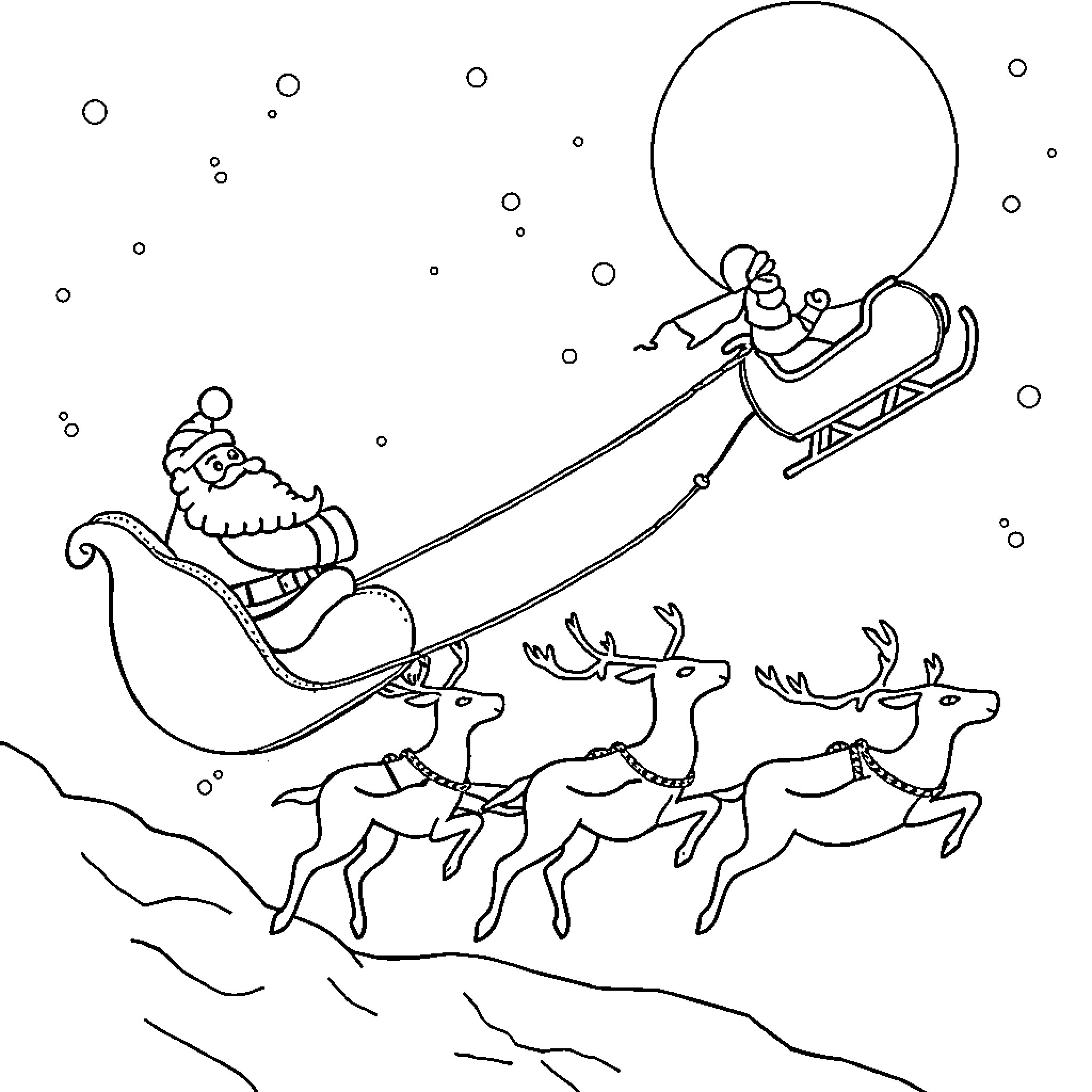 Santa riding a sleigh pulled by reindeer in the snowy night Coloring Page (free black-and-white line drawing printable PDF for all, from beginners to advanced learners, including children, teens, adults, and seniors)