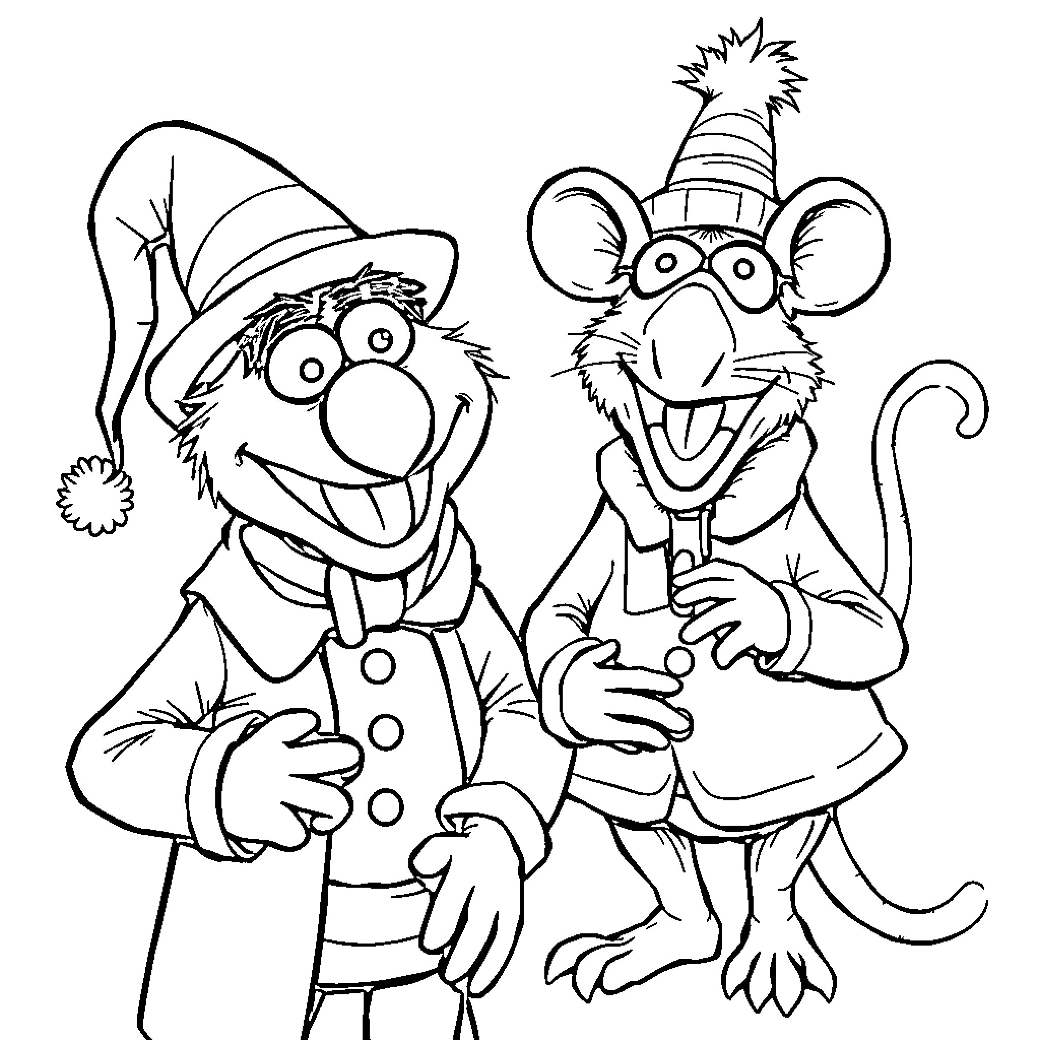Gonzo and Rizzo's Festive Antics Coloring Page (free black-and-white line drawing printable PDF for all, from beginners to advanced learners, including children, teens, adults, and seniors)