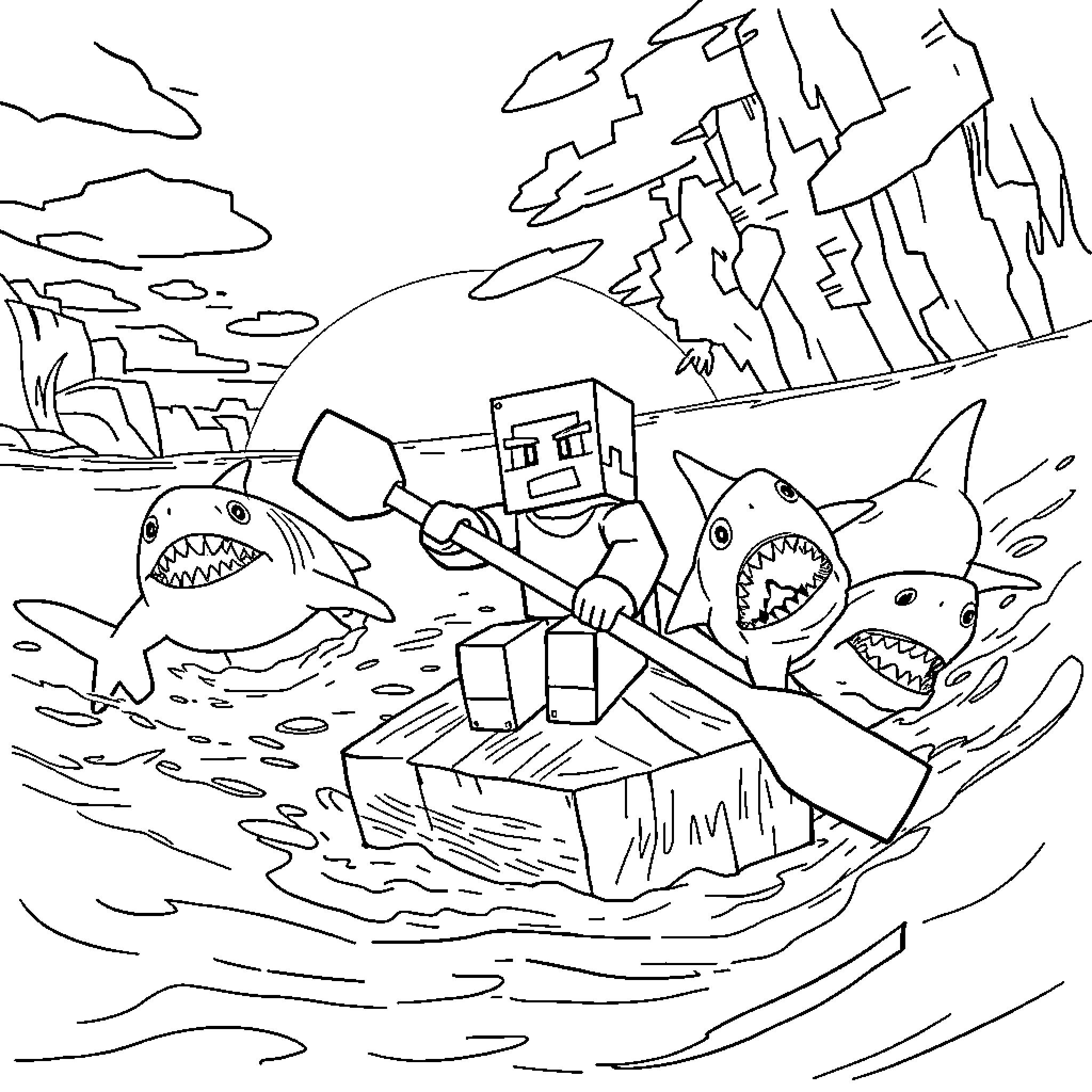 Steve's Perilous Voyage Amidst Shark-Infested Waters Coloring Page (free black-and-white line drawing printable PDF for all, from beginners to advanced learners, including children, teens, adults, and seniors)