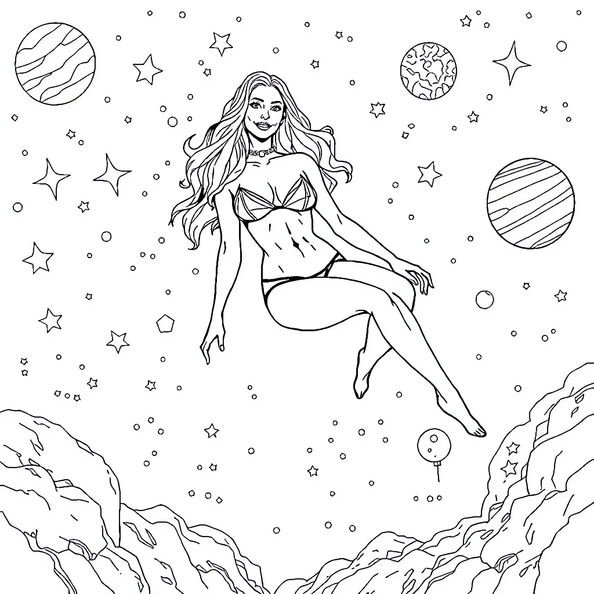 Heidi Klum surrounded by celestial objects and swimming in the night sky Coloring Page (free black-and-white line drawing printable PDF for all, from beginners to advanced learners, including children, teens, adults, and seniors)