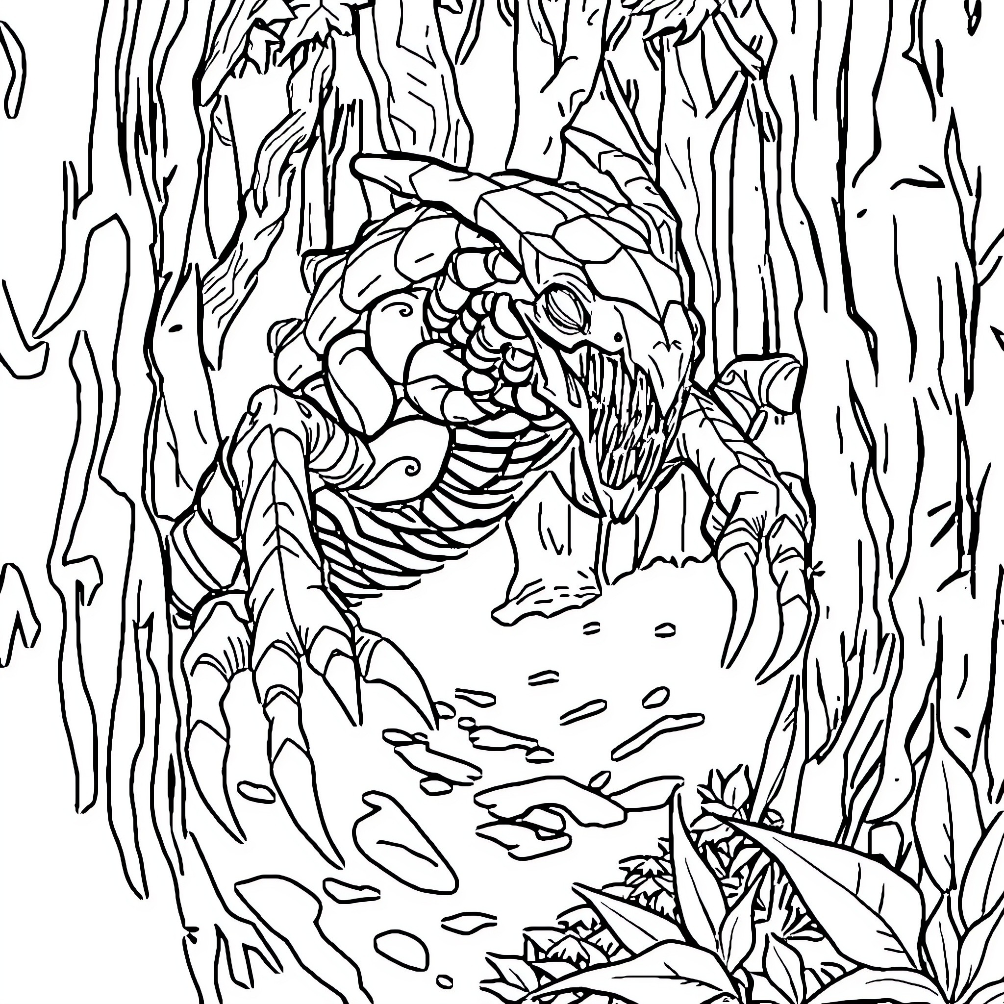 Tyranid Creature Stalking Through Mysterious Forest Coloring Page (free black-and-white line drawing printable PDF for all, from beginners to advanced learners, including children, teens, adults, and seniors)