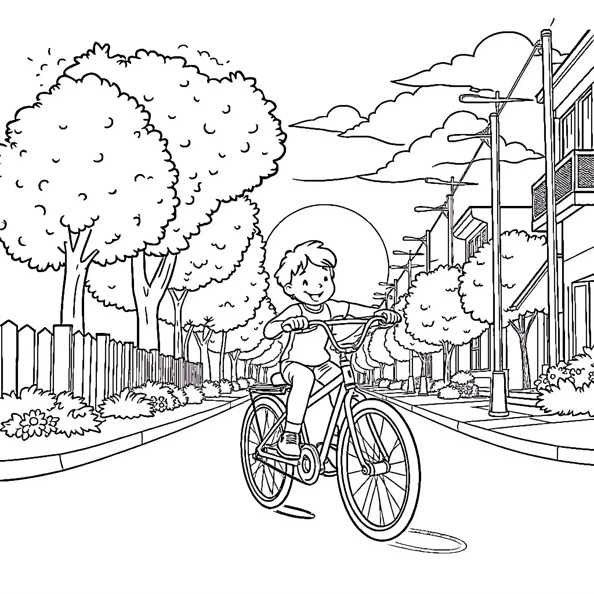 Kid riding bicycle on city street Coloring Page (free black-and-white line drawing printable PDF for all, from beginners to advanced learners, including children, teens, adults, and seniors)