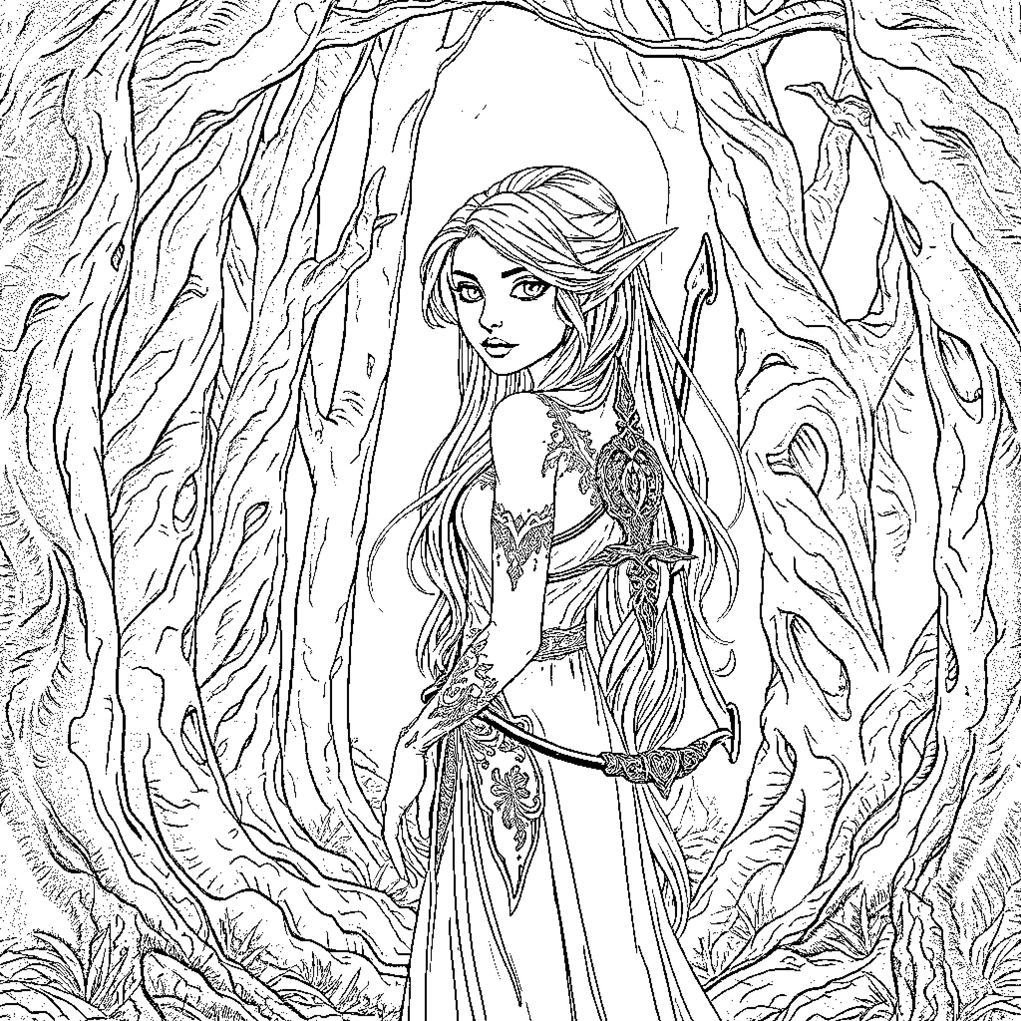 Elf maiden in enchanted forest Coloring Page (free black-and-white line drawing printable PDF for all, from beginners to advanced learners, including children, teens, adults, and seniors)