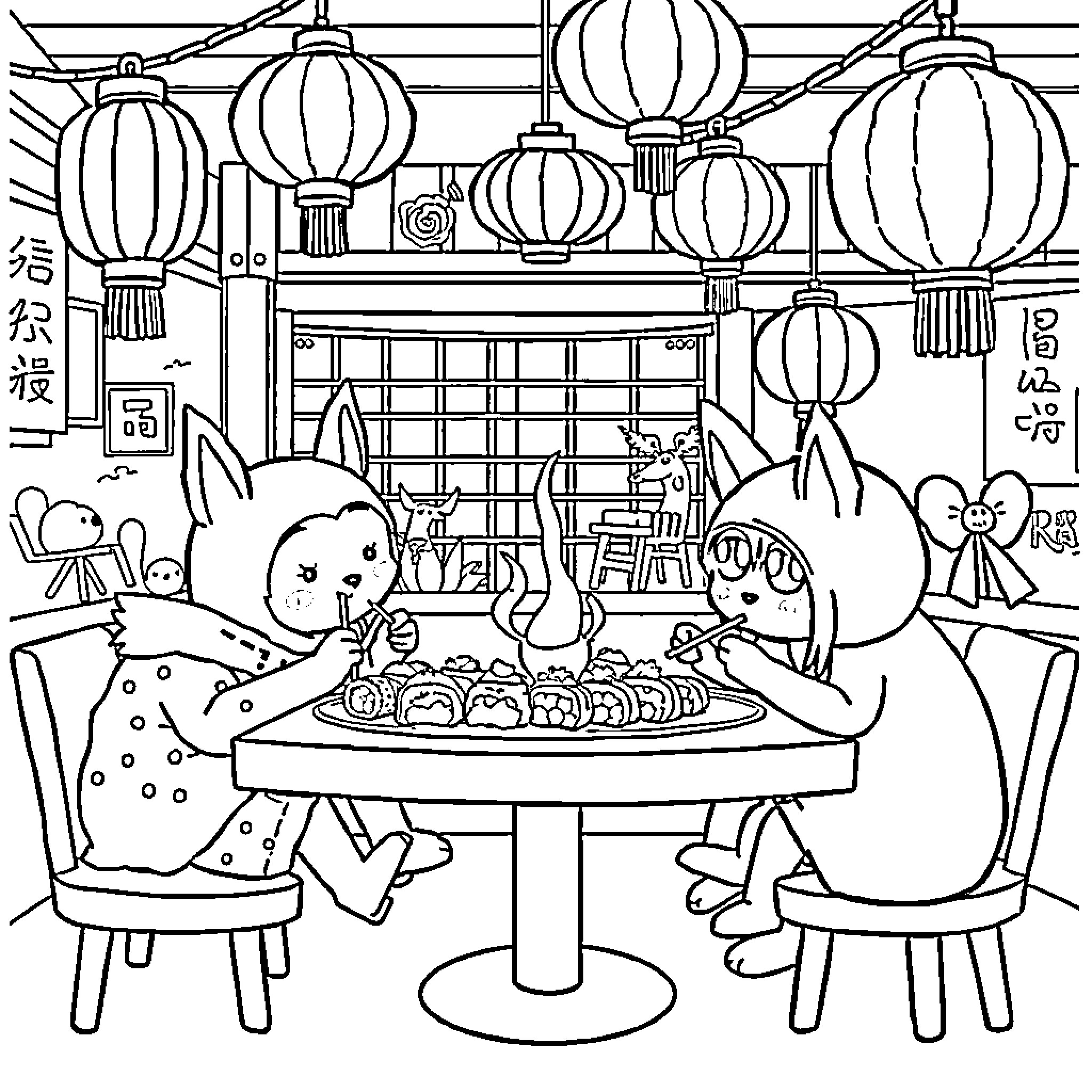 Huntrix's Festive Feast in Lantern-lit Ambience Coloring Page (free black-and-white line drawing printable PDF for all, from beginners to advanced learners, including children, teens, adults, and seniors)