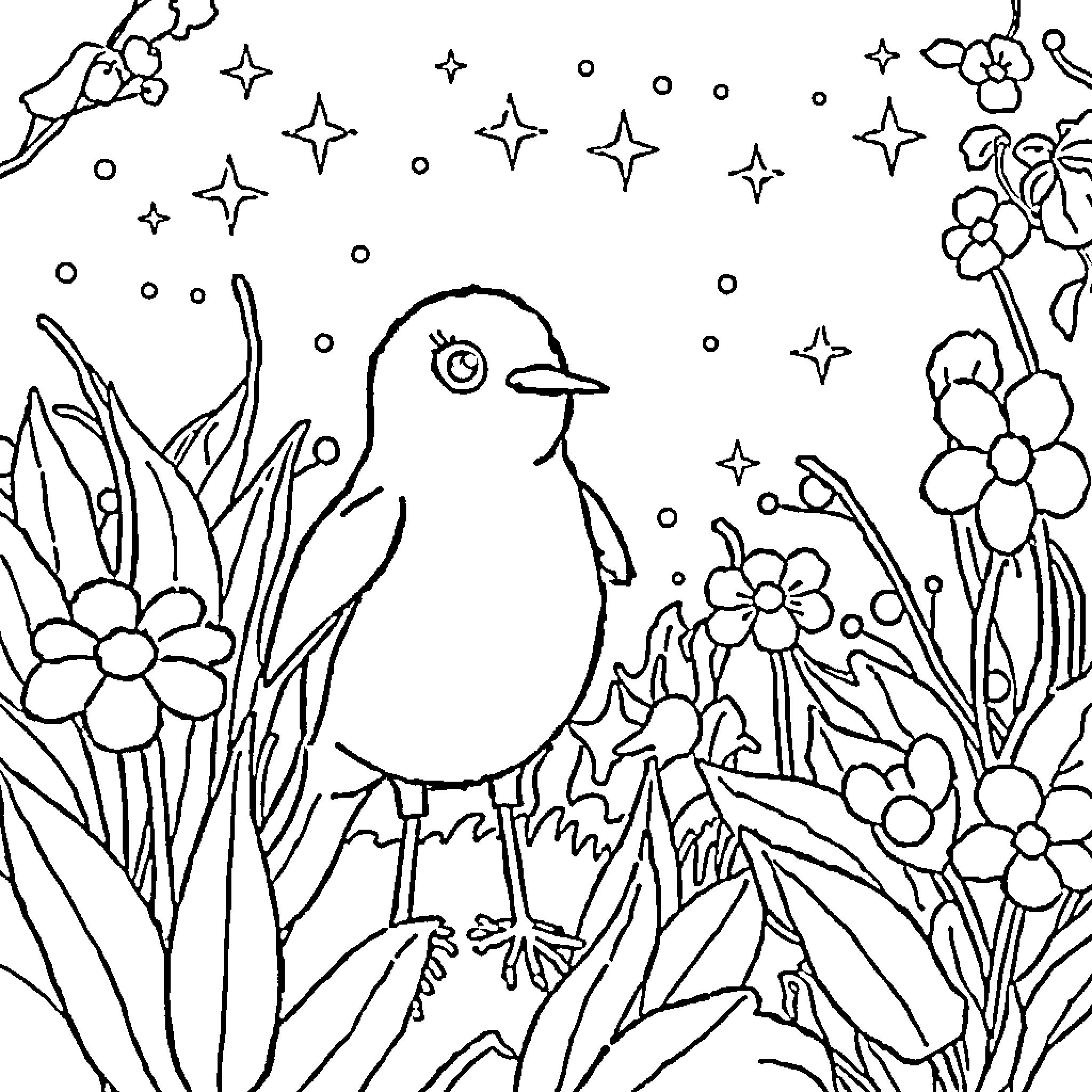 Hedgehog in a whimsical floral garden Coloring Page (free black-and-white line drawing printable PDF for all, from beginners to advanced learners, including children, teens, adults, and seniors)