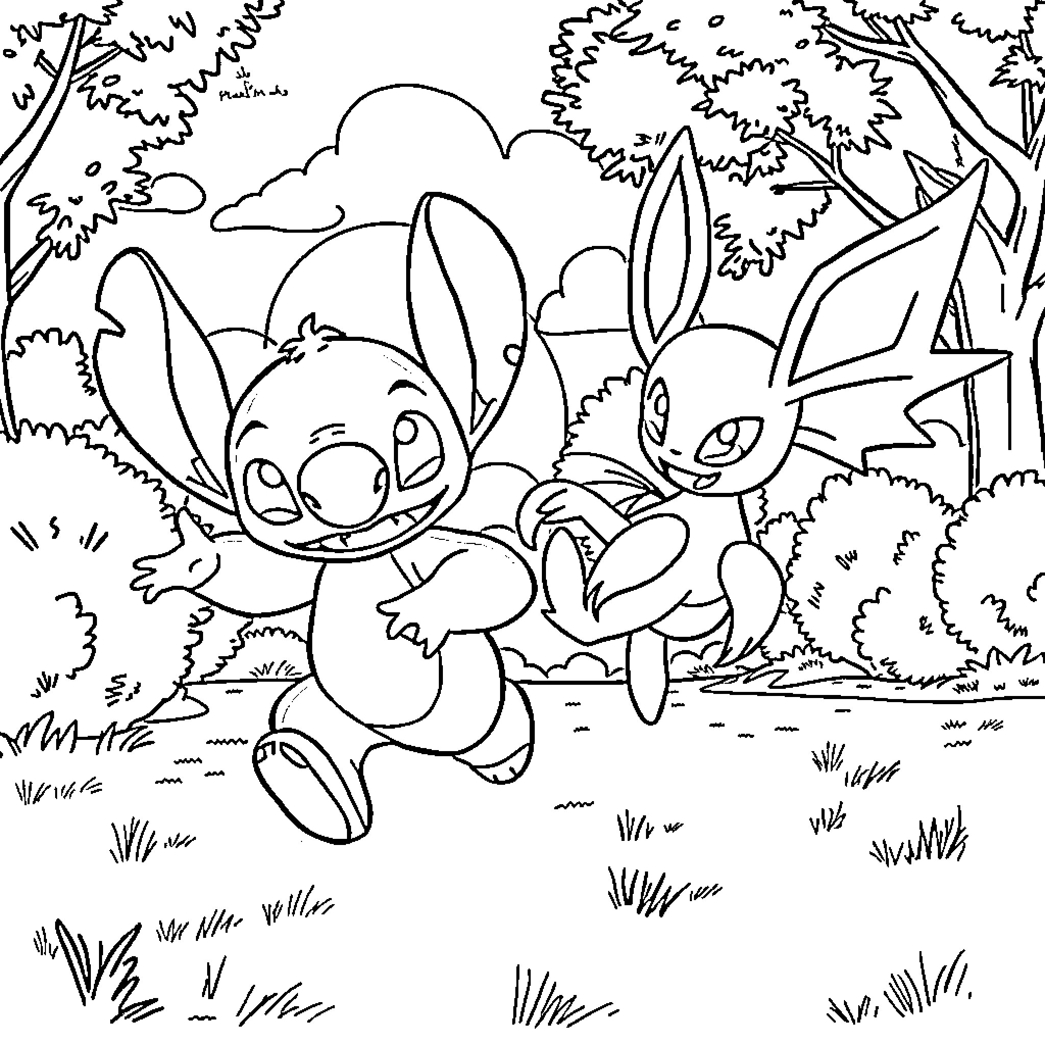 Stitch and Lilo's Playful Adventure in the Forest Coloring Page (free black-and-white line drawing printable PDF for all, from beginners to advanced learners, including children, teens, adults, and seniors)