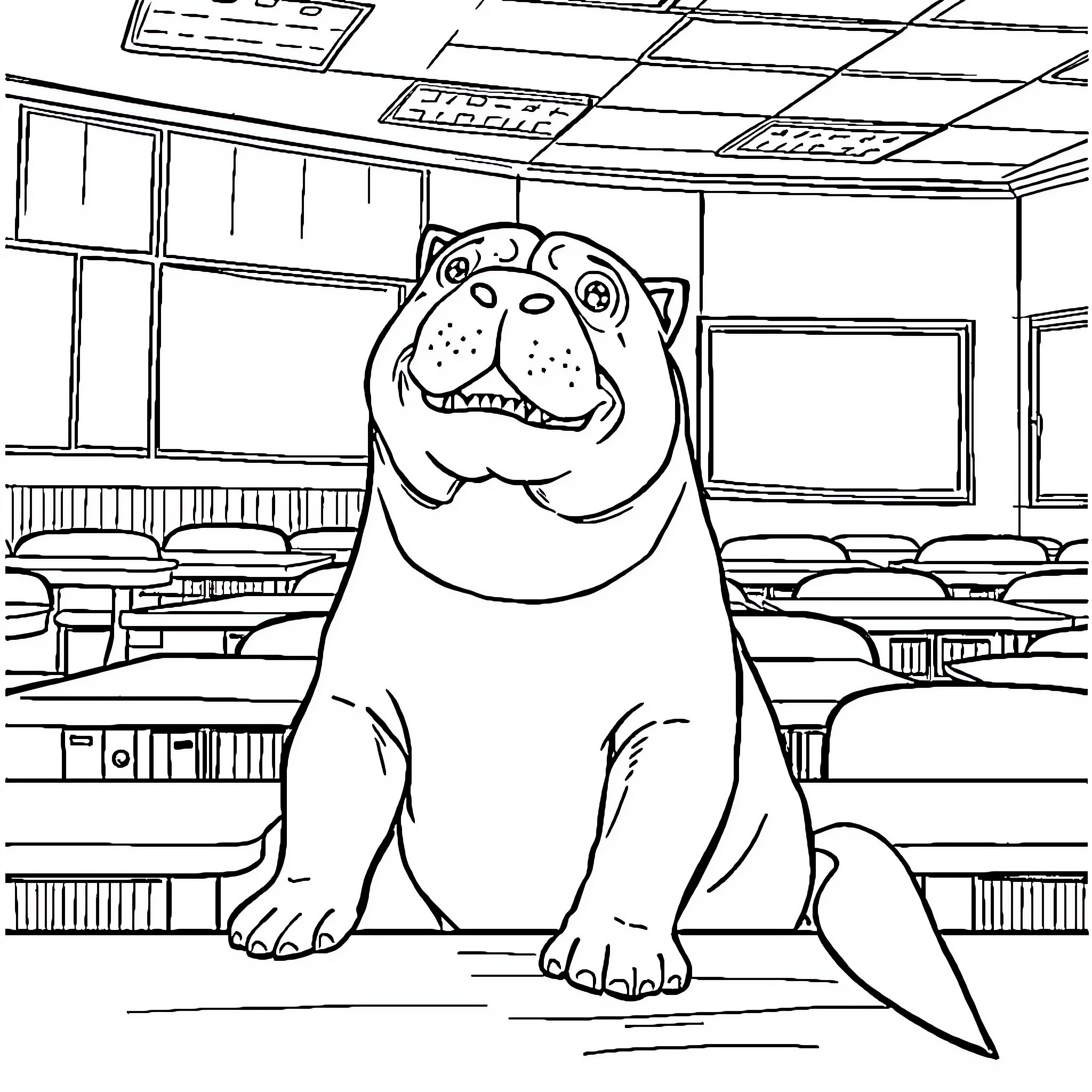 Shar Pei in Friendly Classroom Setting Coloring Page (free black-and-white line drawing printable PDF for all, from beginners to advanced learners, including children, teens, adults, and seniors)
