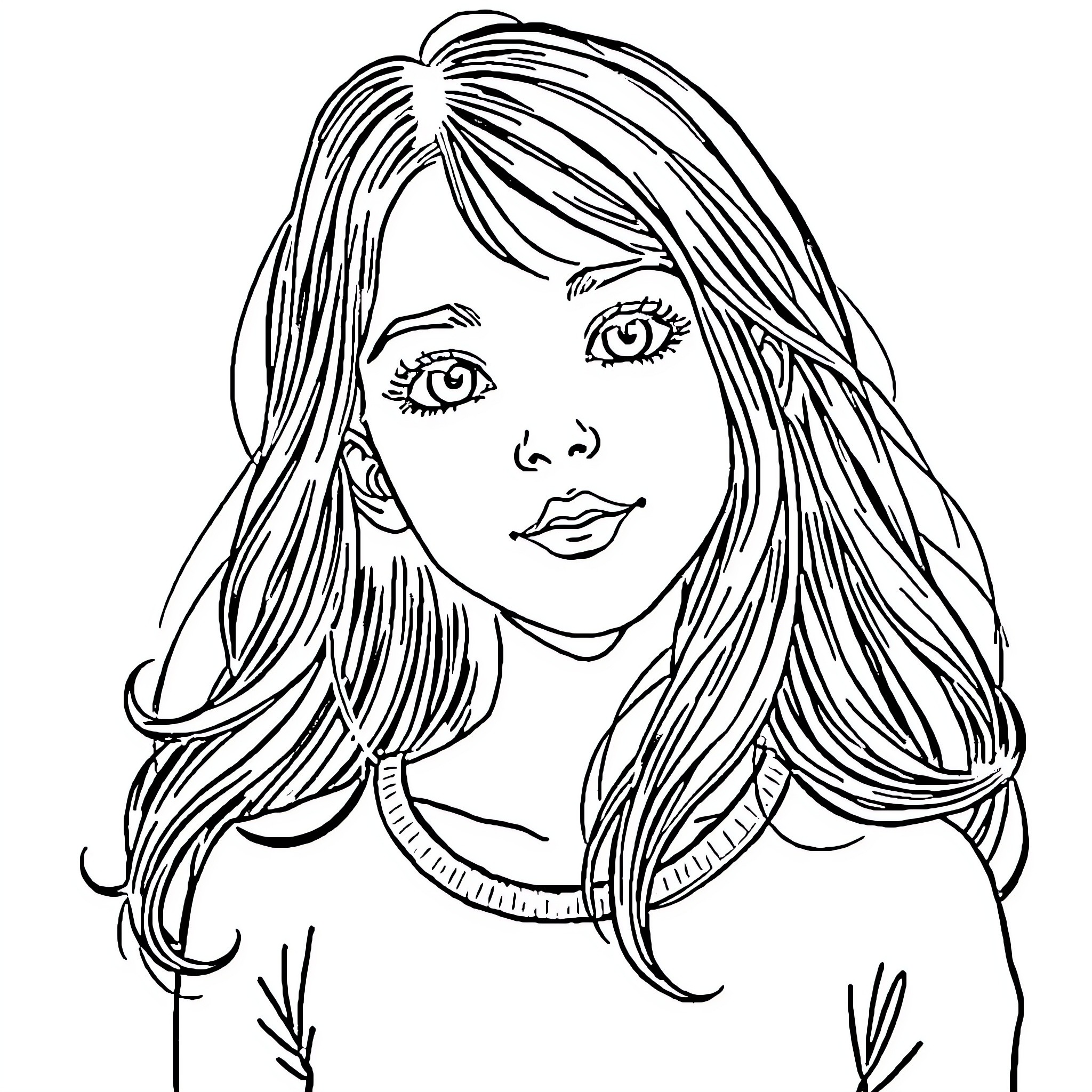 Girl with flowing hair and a dreamy expression Coloring Page (free black-and-white line drawing printable PDF for all, from beginners to advanced learners, including children, teens, adults, and seniors)