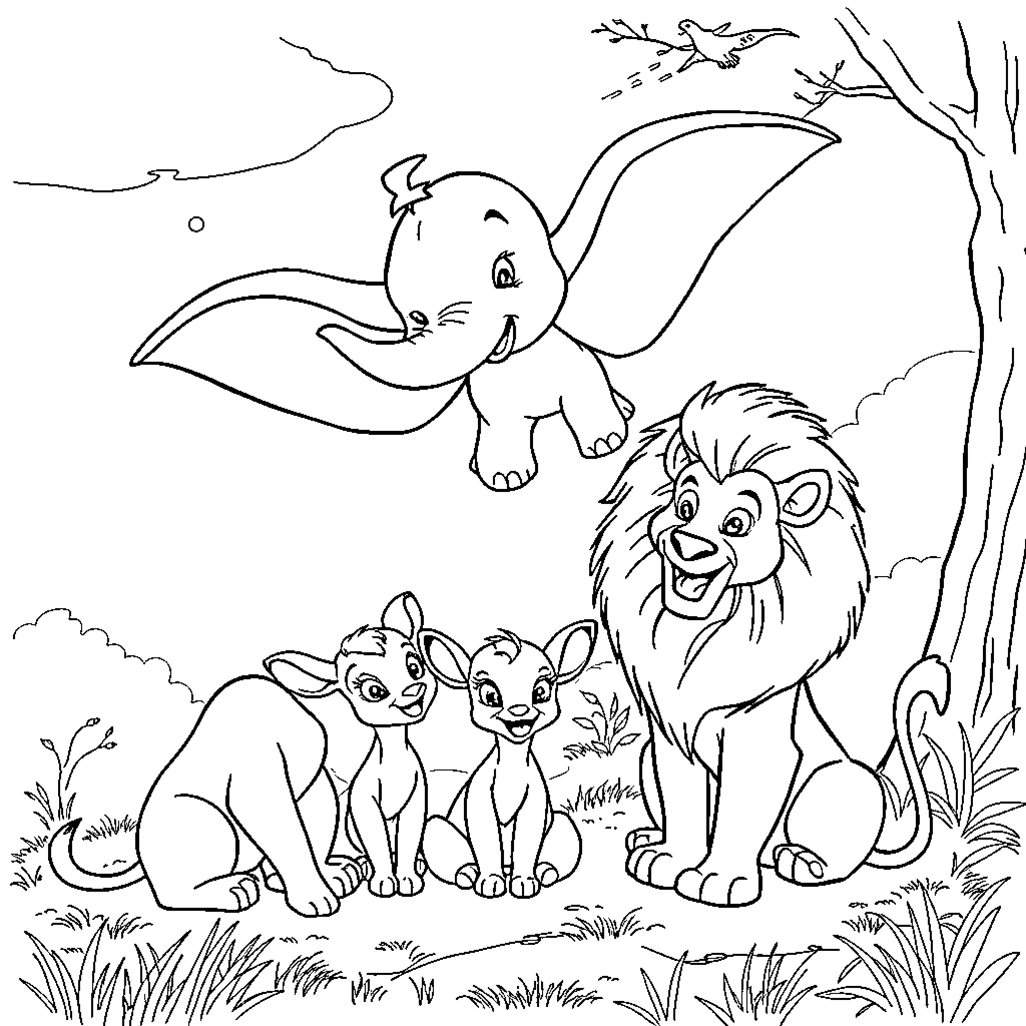 Dumbo flying happily above a lion and small cubs Coloring Page (free black-and-white line drawing printable PDF for all, from beginners to advanced learners, including children, teens, adults, and seniors)