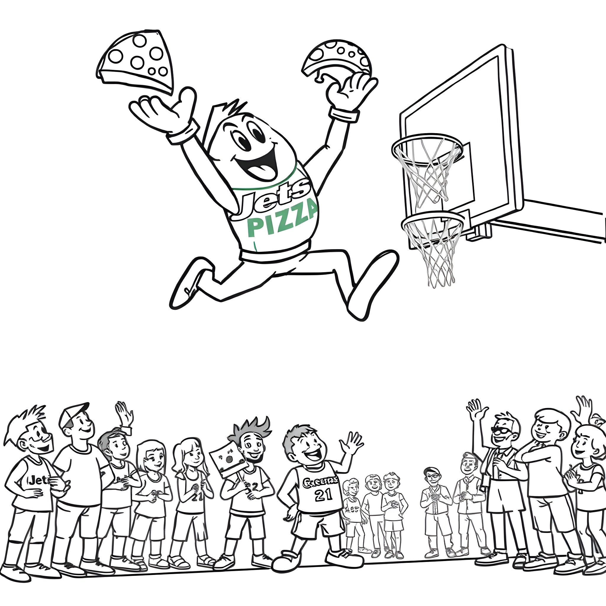 Pizza Delivery Person Dunking Basketball Excitedly Coloring Page (free black-and-white line drawing printable PDF for all, from beginners to advanced learners, including children, teens, adults, and seniors)