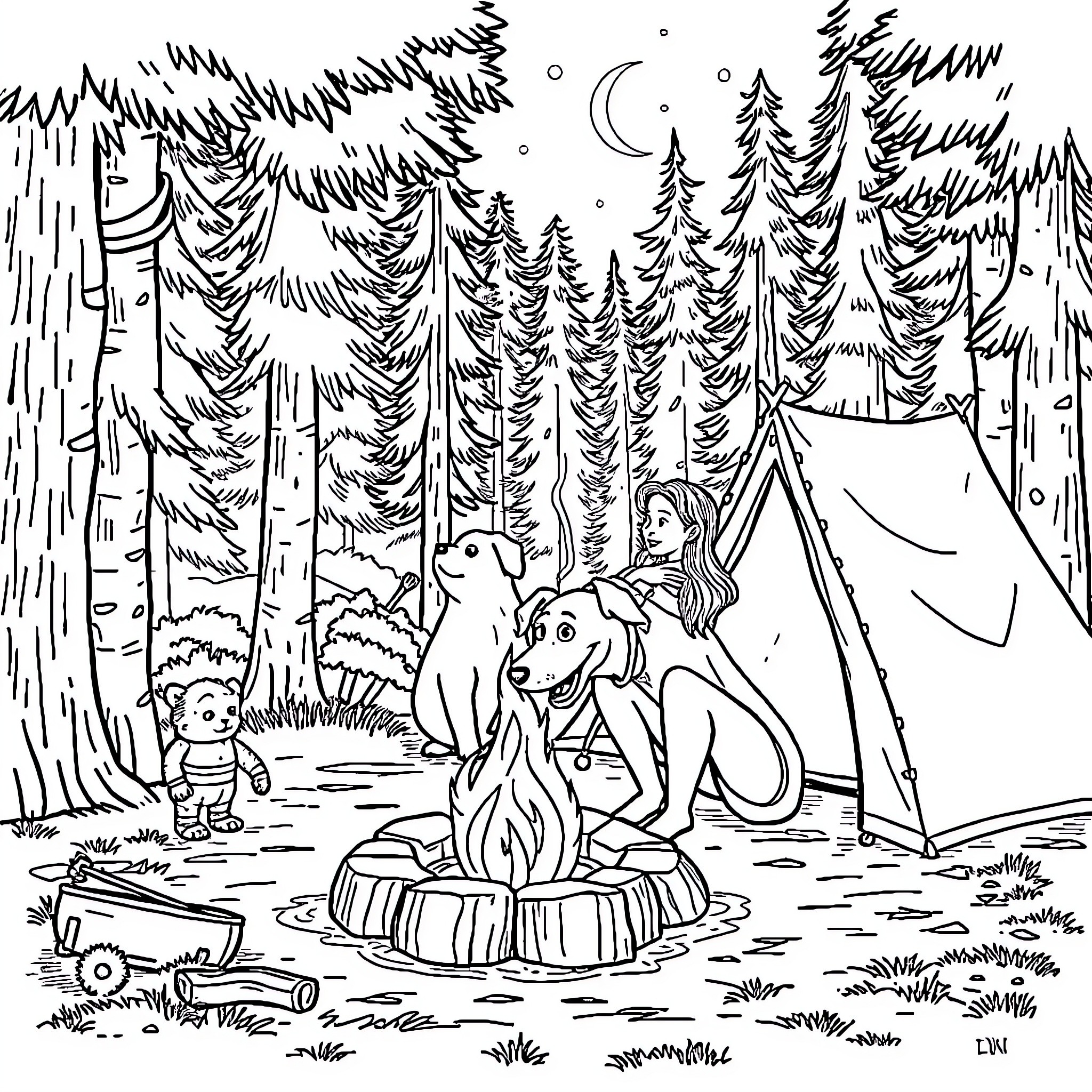 Lady camping in the moonlit forest with her animal companions Coloring Page (free black-and-white line drawing printable PDF for all, from beginners to advanced learners, including children, teens, adults, and seniors)