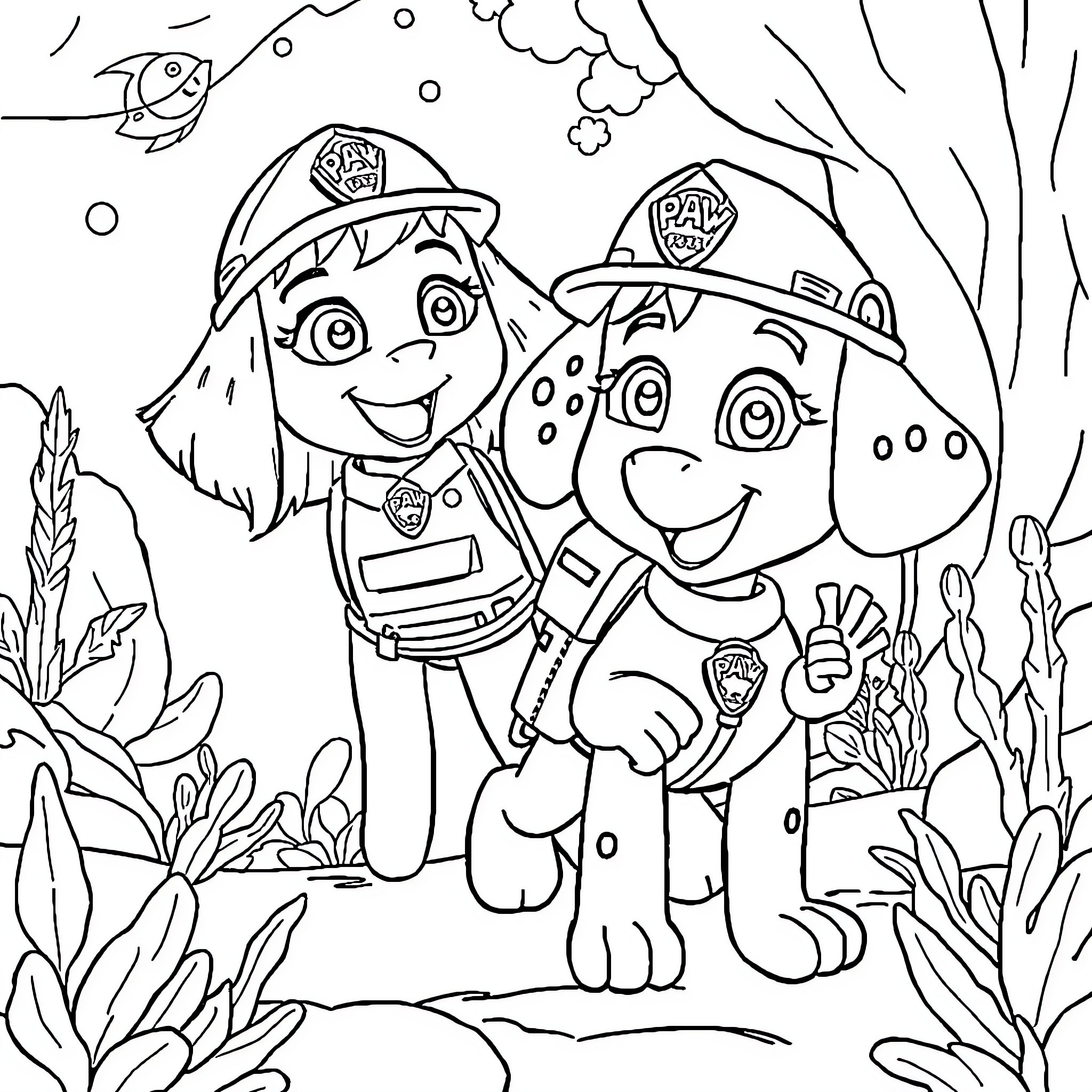 Paw Patrol Team Exploring Underwater Adventure Coloring Page (free black-and-white line drawing printable PDF for all, from beginners to advanced learners, including children, teens, adults, and seniors)